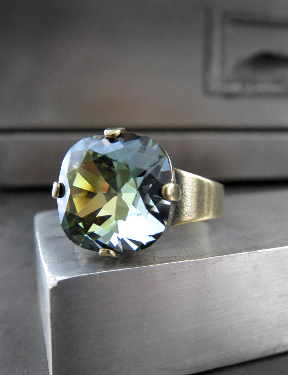 MIST + MOSS - Earthy Crystal Ring with Antiqued Brass