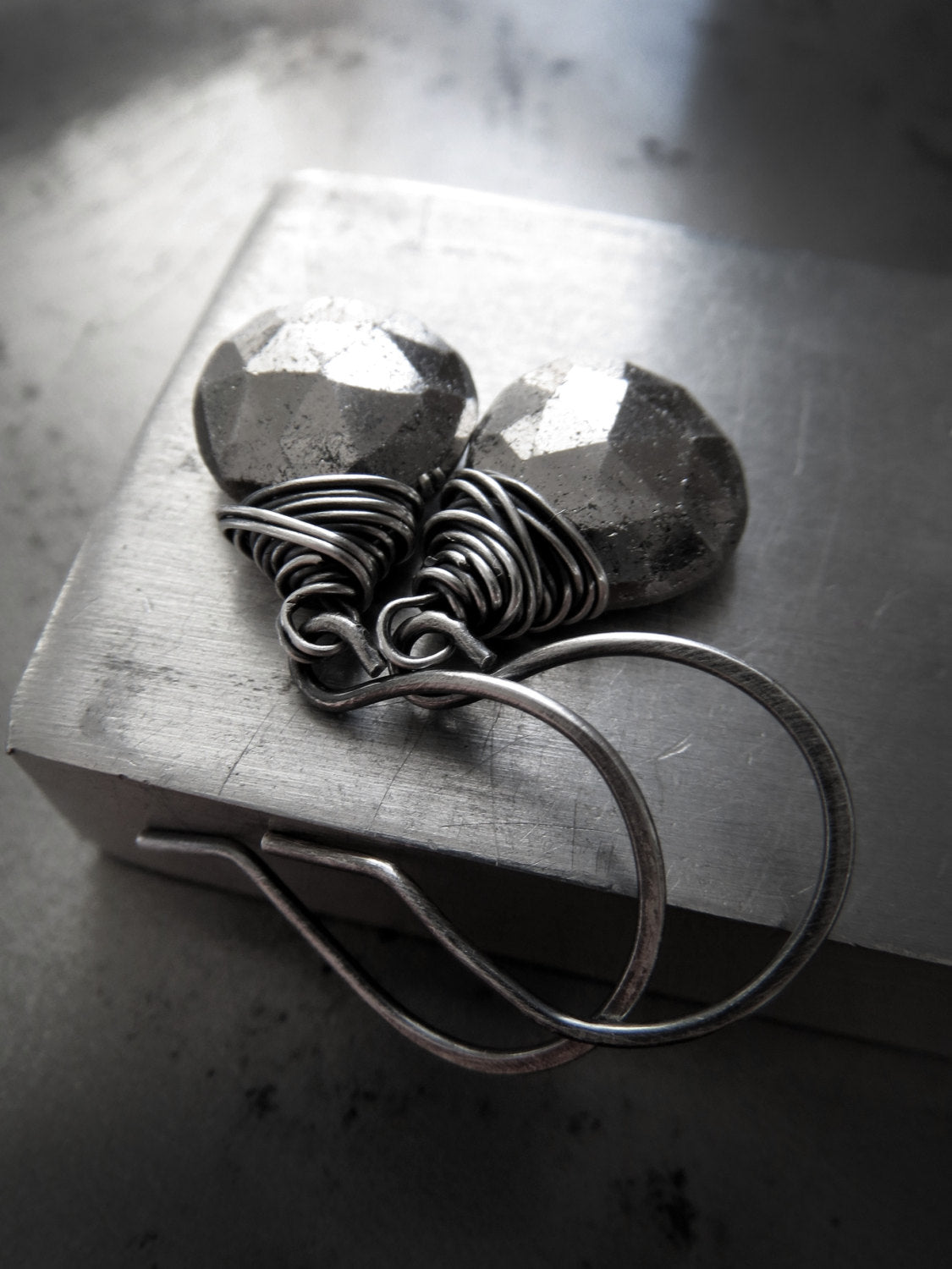 Silver Pyrite Gemstone Teardrop Earrings with Wire Wrap