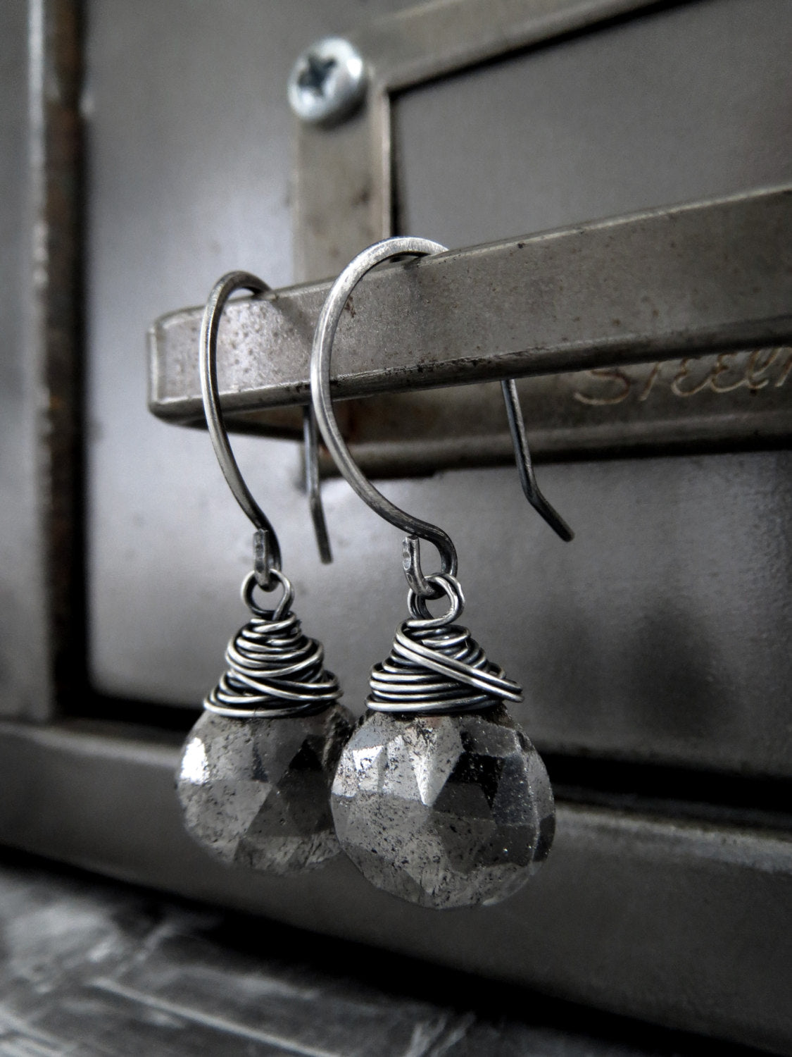 Silver Pyrite Gemstone Teardrop Earrings with Wire Wrap
