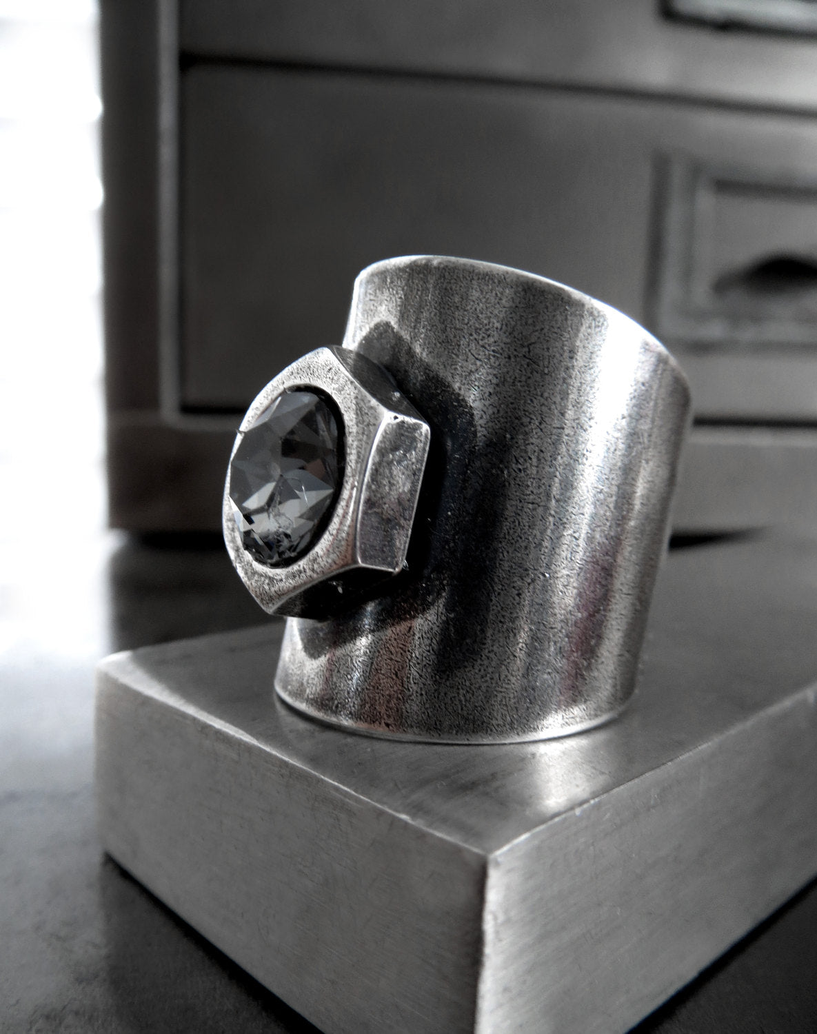 HEX - Mens Hex Nut Hardware Ring with Crystal