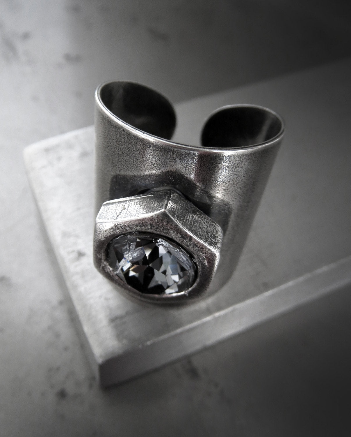 HEX - Mens Hex Nut Hardware Ring with Crystal