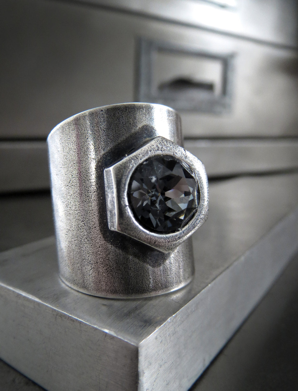 HEX - Mens Hex Nut Hardware Ring with Crystal