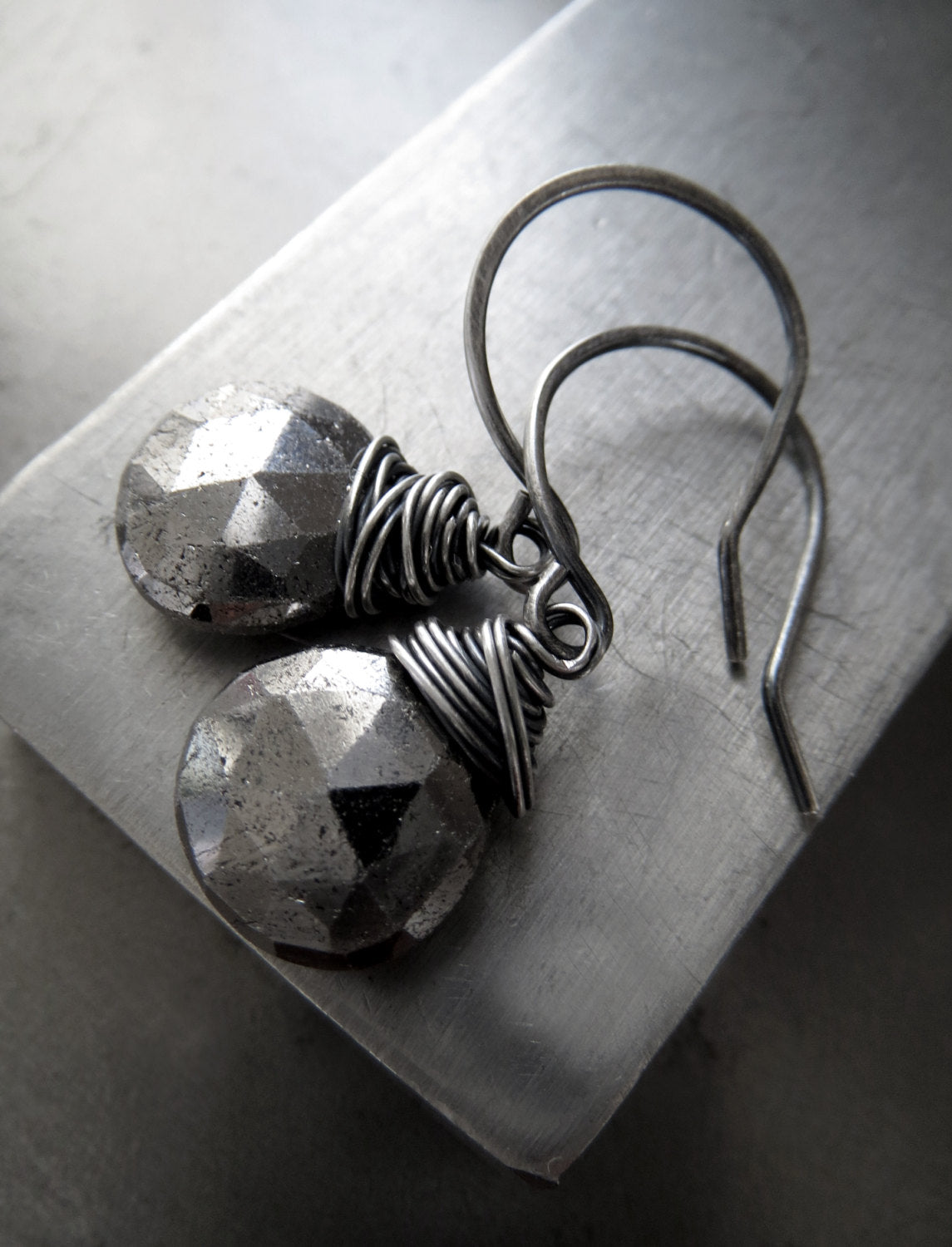 Silver Pyrite Gemstone Teardrop Earrings with Wire Wrap