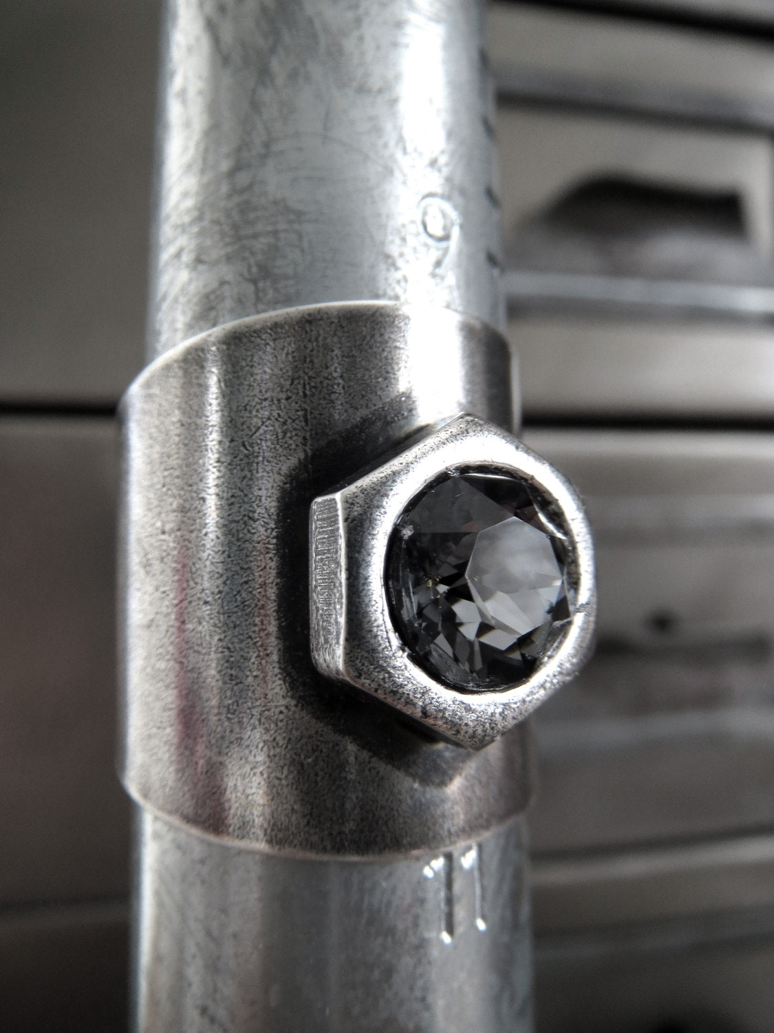HEX - Mens Hex Nut Hardware Ring with Crystal
