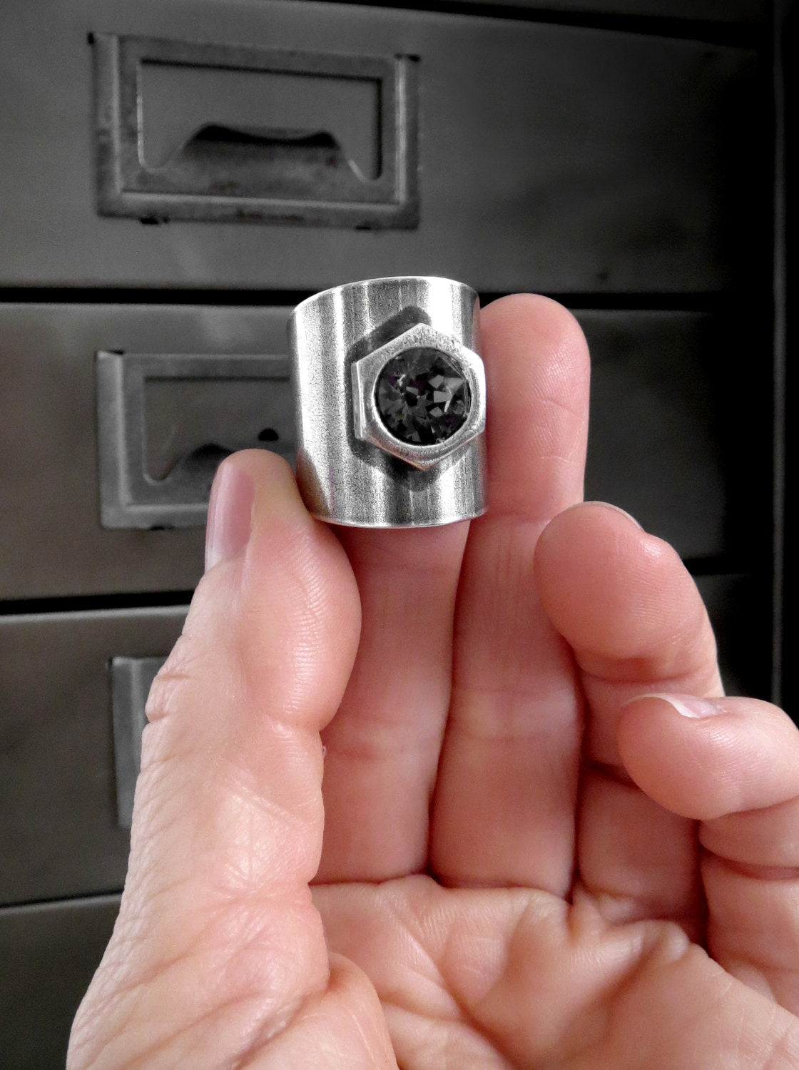 HEX - Mens Hex Nut Hardware Ring with Crystal