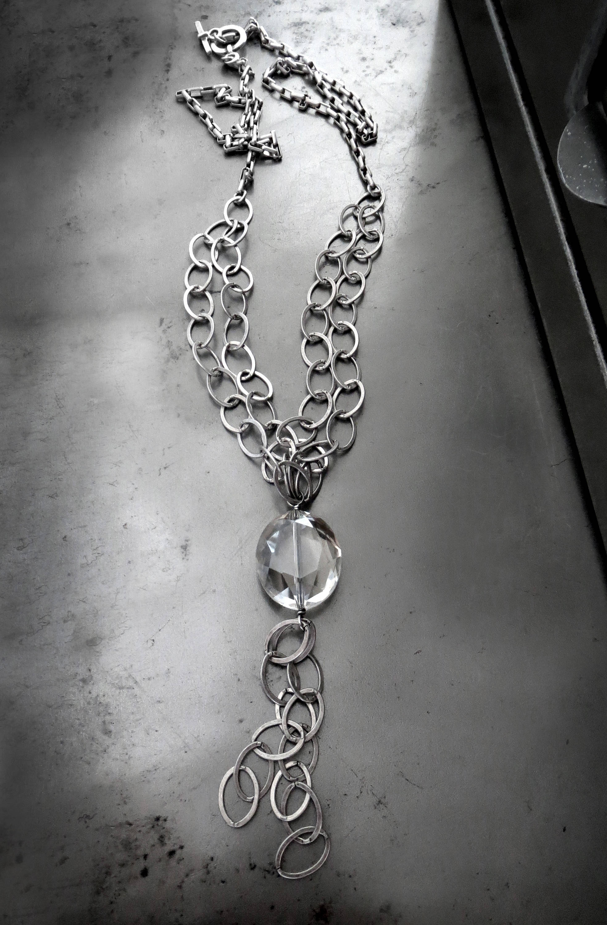 Long Geometric Necklace with Oval Clear Crystal Pendant