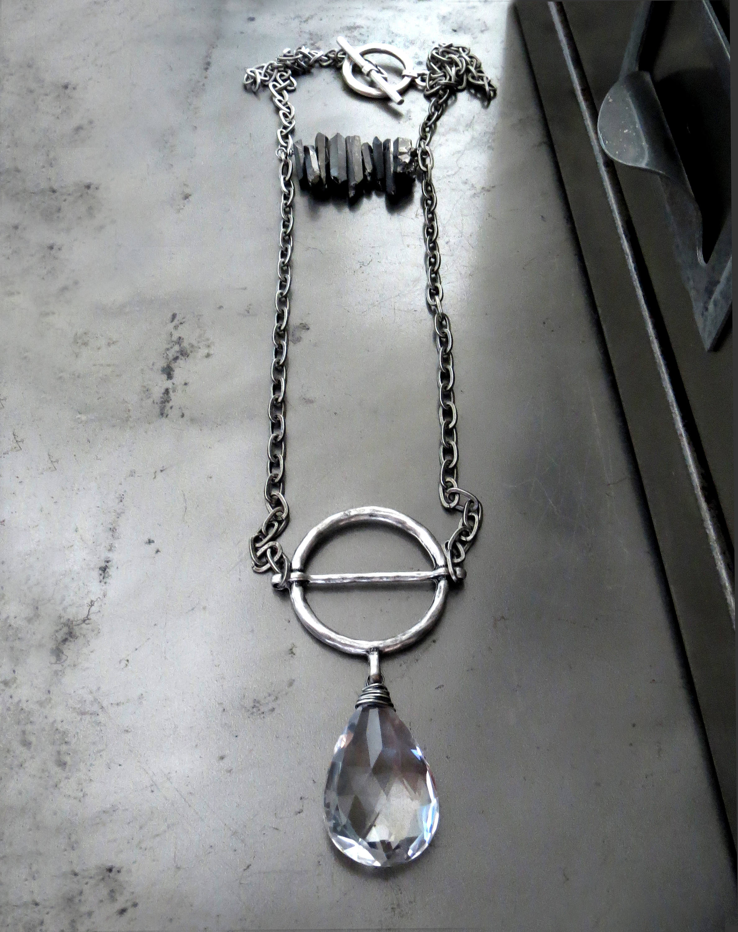 LUNAR - Clear Quartz Gemstone Teardrop with Silver Circle Pendant