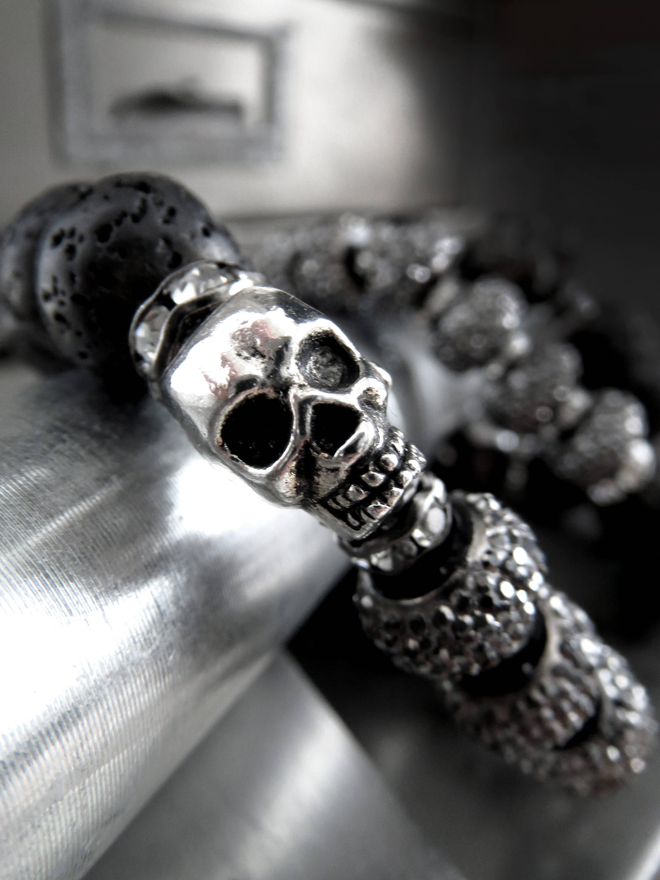 Silver Skull Bracelet with Black Lava Beads