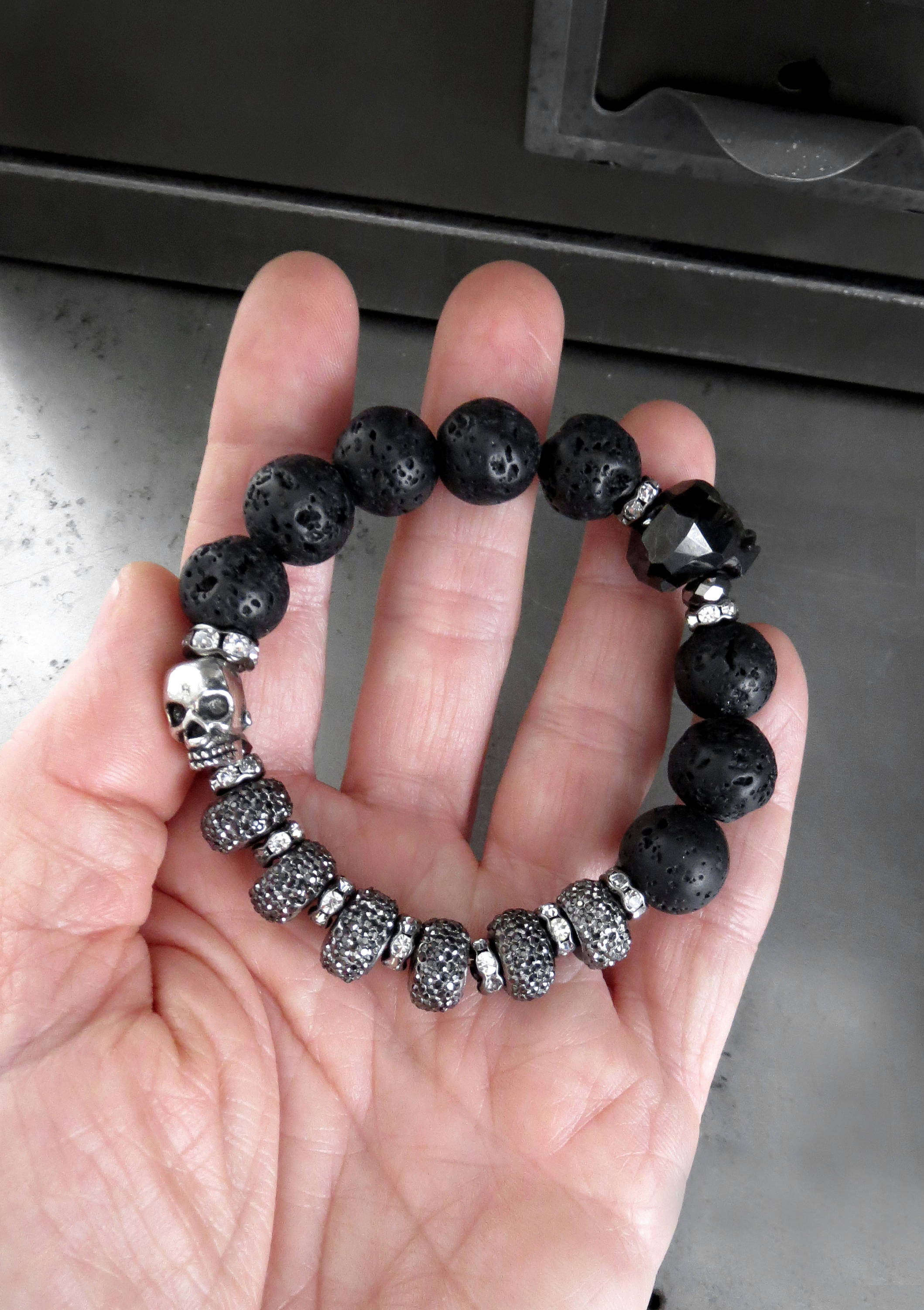 Silver Skull Bracelet with Black Lava Beads