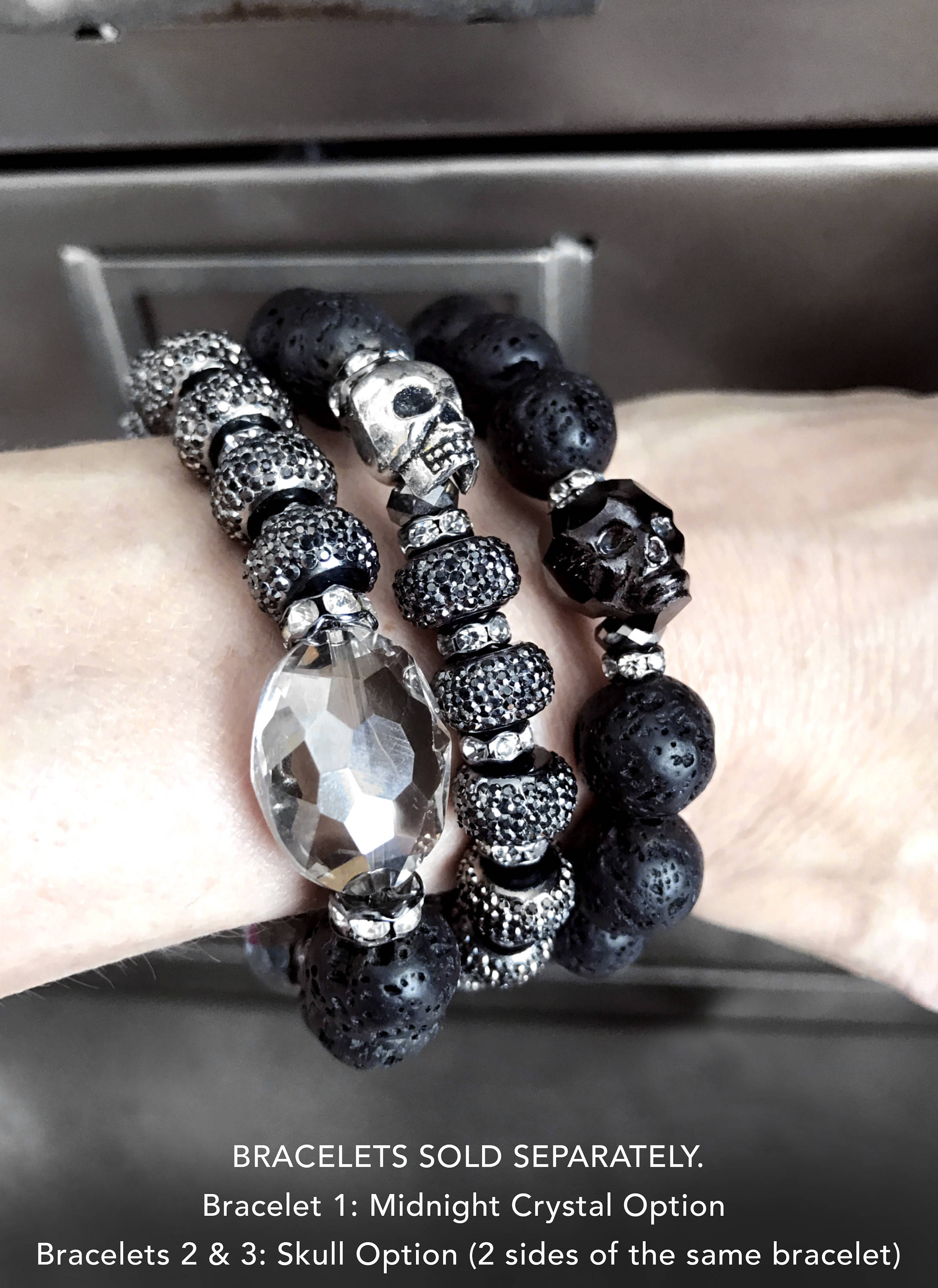 Silver Skull Bracelet with Black Lava Beads