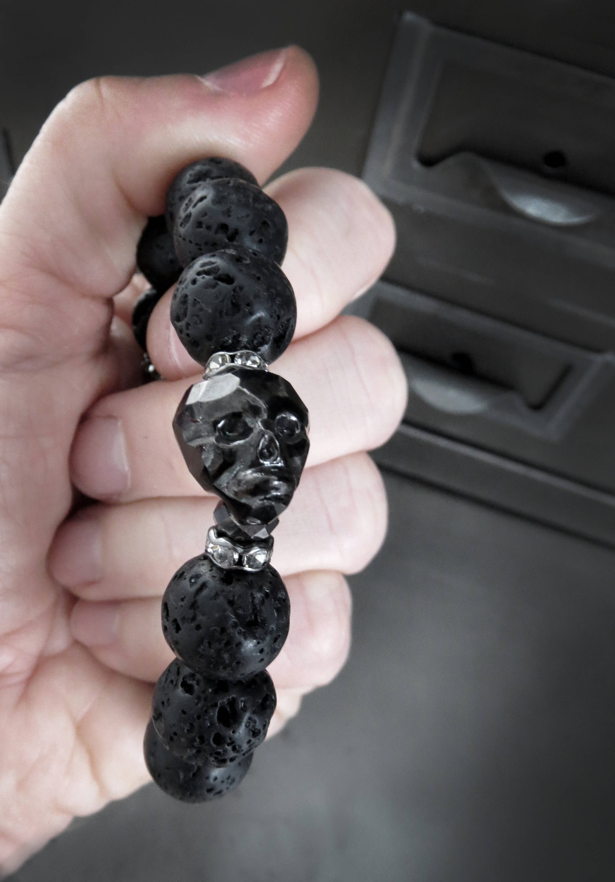 Silver Skull Bracelet with Black Lava Beads