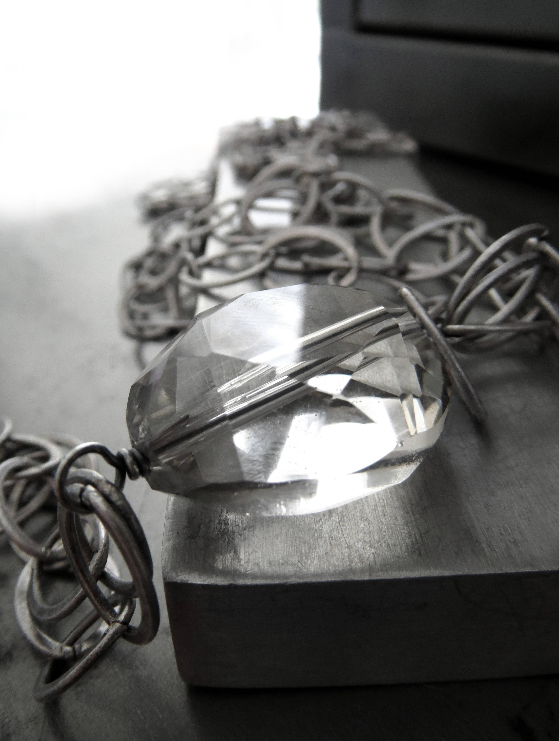 Long Geometric Necklace with Oval Clear Crystal Pendant