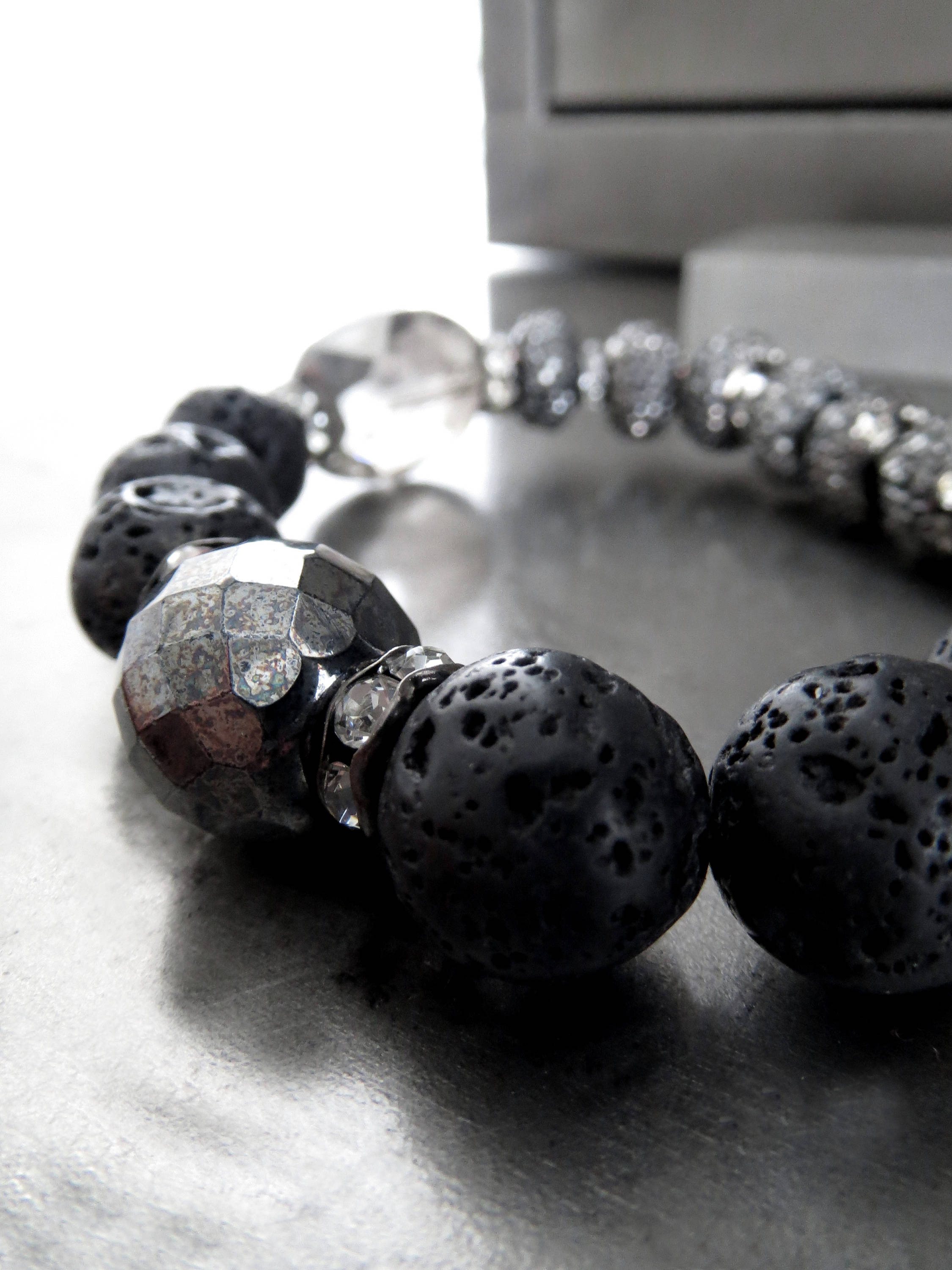 SILVER MOON - Black Lava Bead Bracelet with Crystal