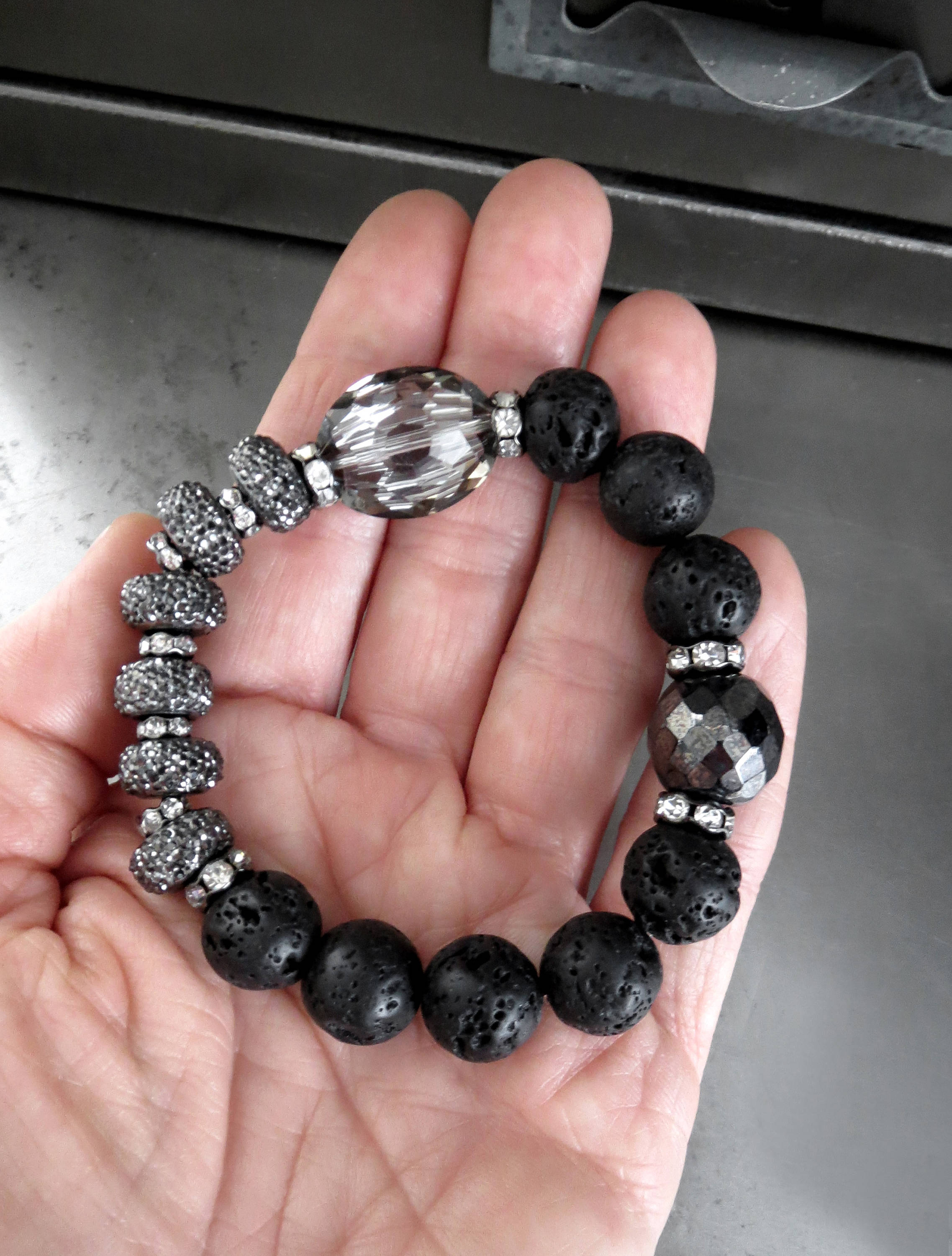SILVER MOON - Black Lava Bead Bracelet with Crystal