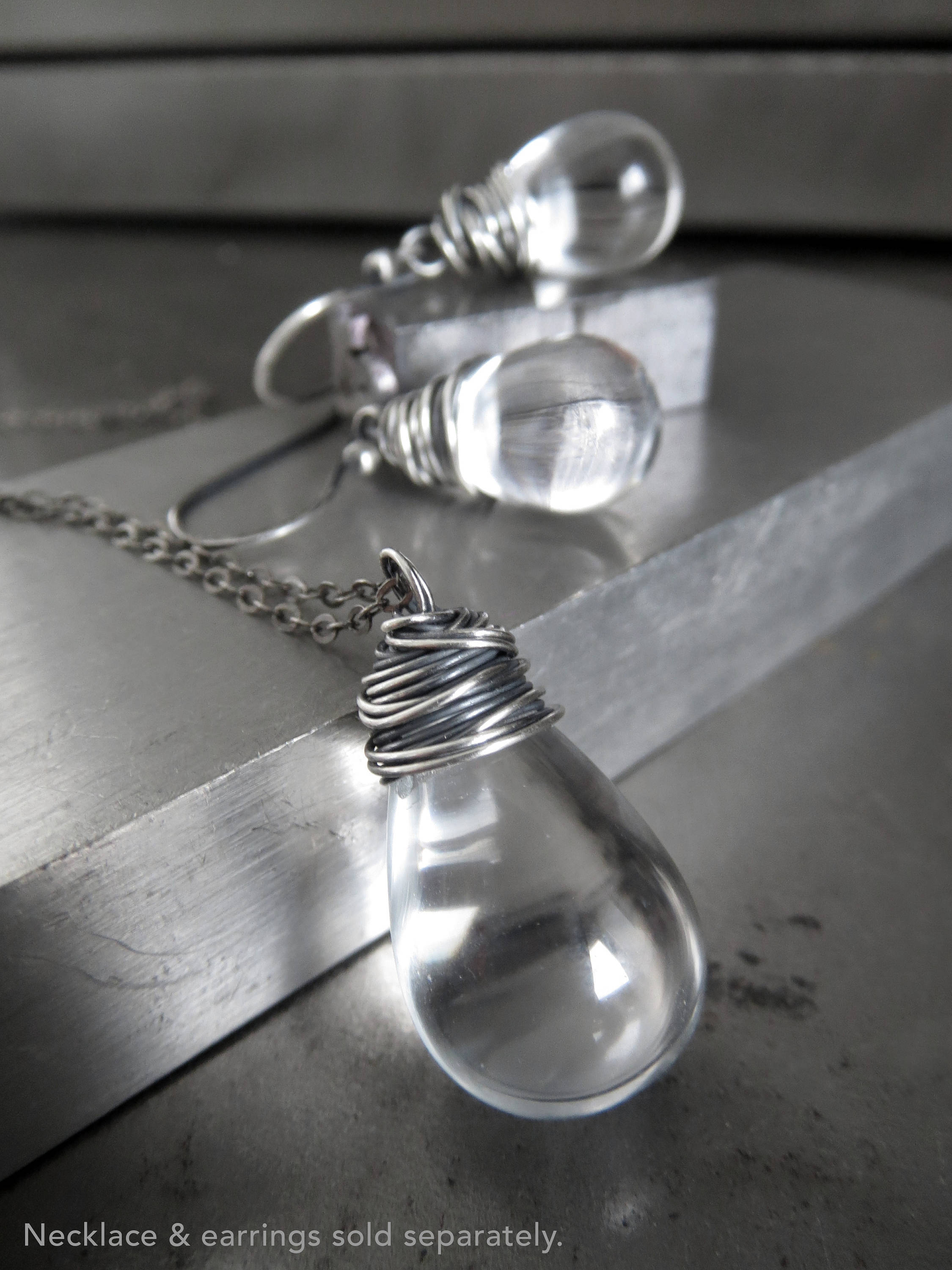 RAINDROP - Clear Glass Teardrop Necklace with Oxidized Silver Wrap