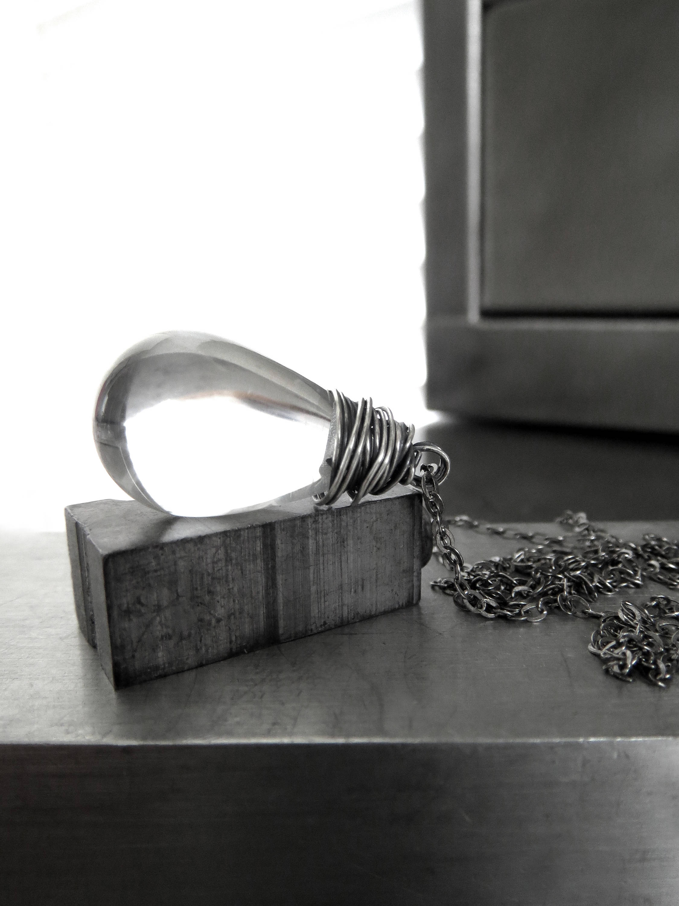 RAINDROP - Clear Glass Teardrop Necklace with Oxidized Silver Wrap