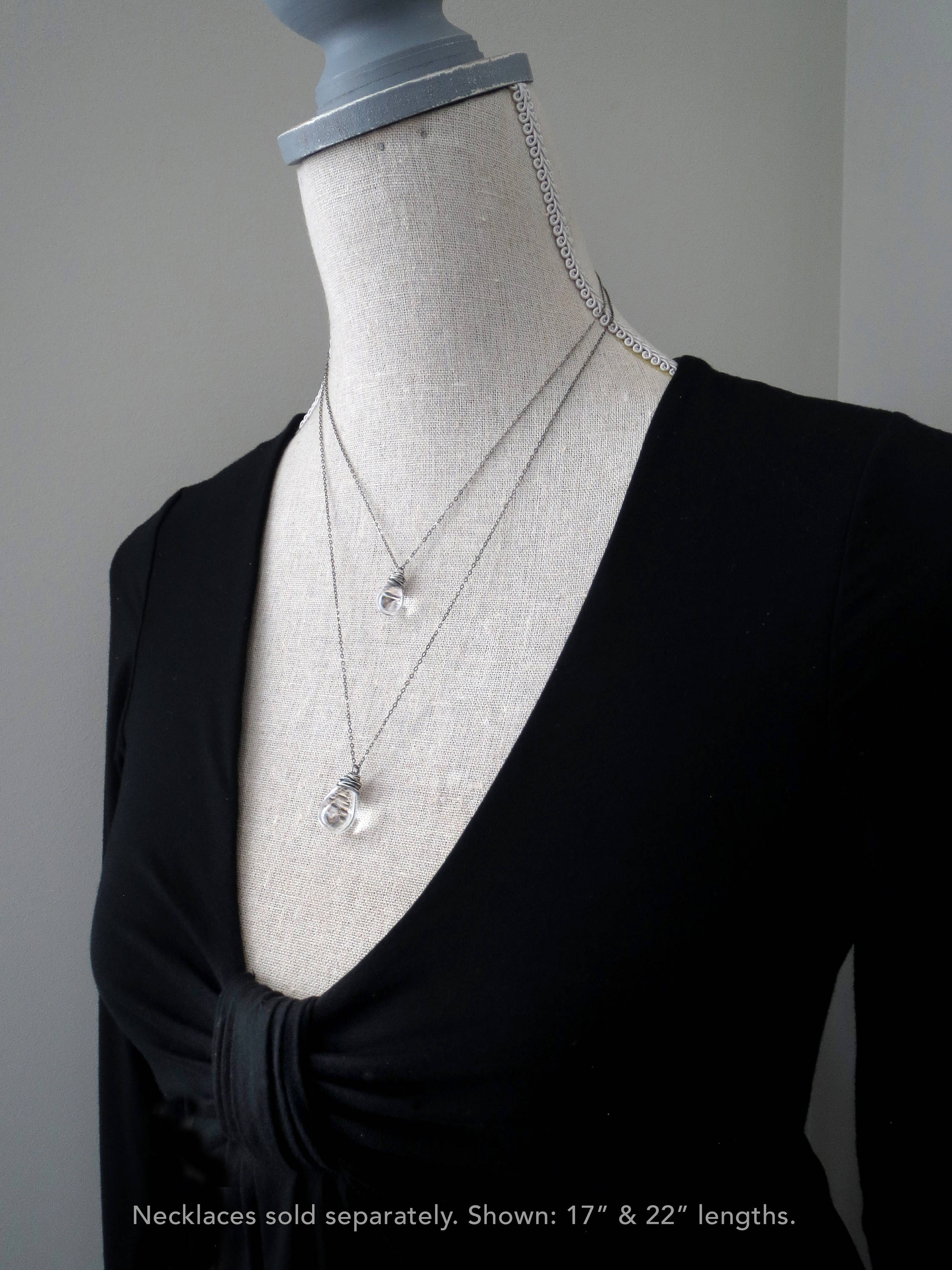 RAINDROP - Clear Glass Teardrop Necklace with Oxidized Silver Wrap
