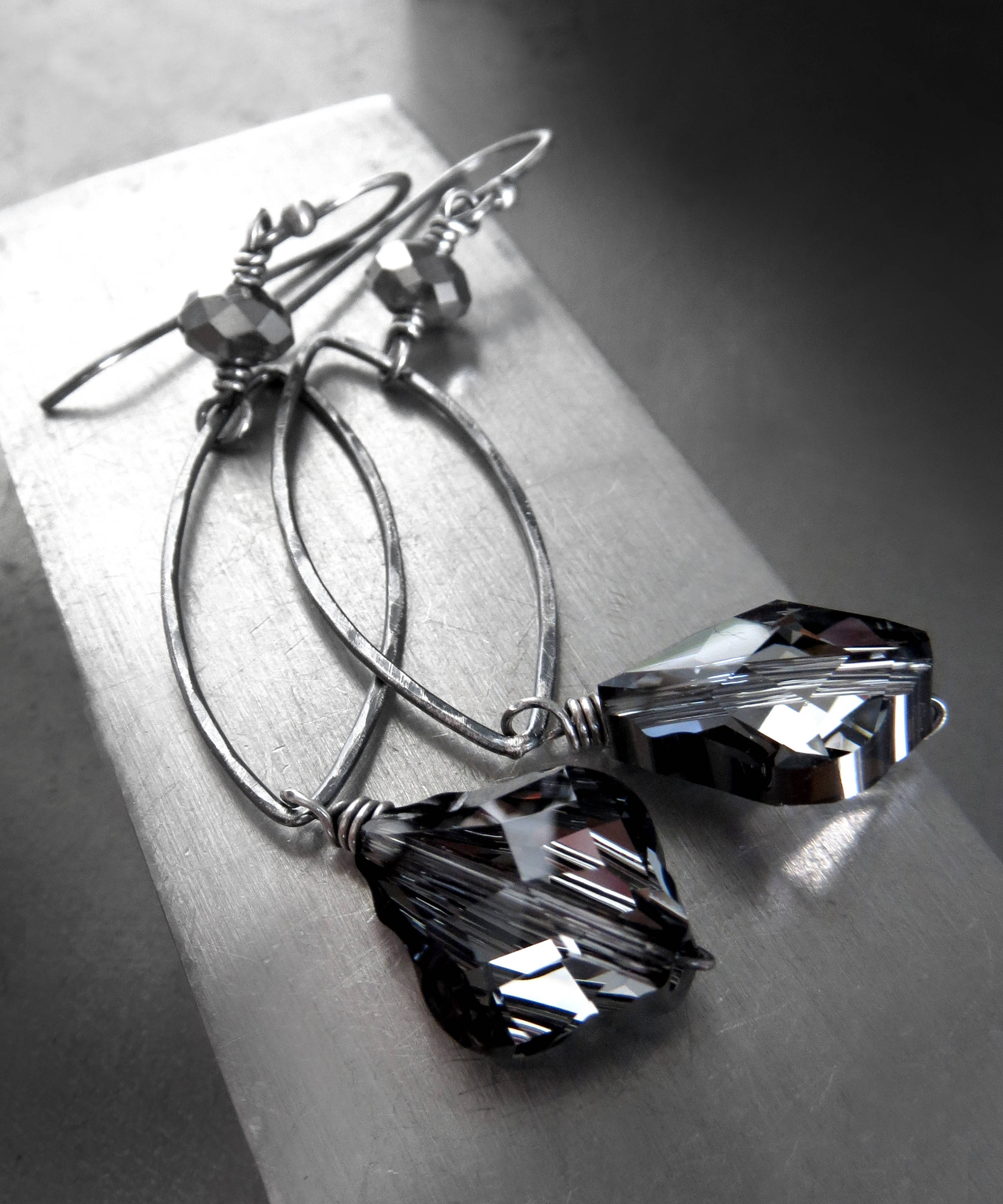 DARK BAROQUE - Charcoal Crystal Earrings with Oxidized Silver