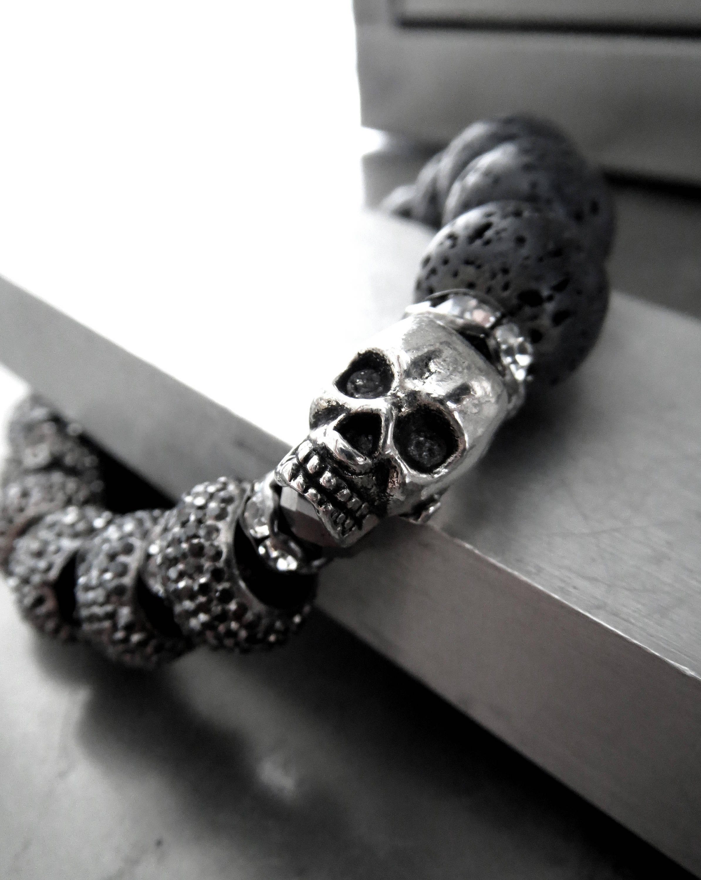 Silver Skull Bracelet with Black Lava Beads