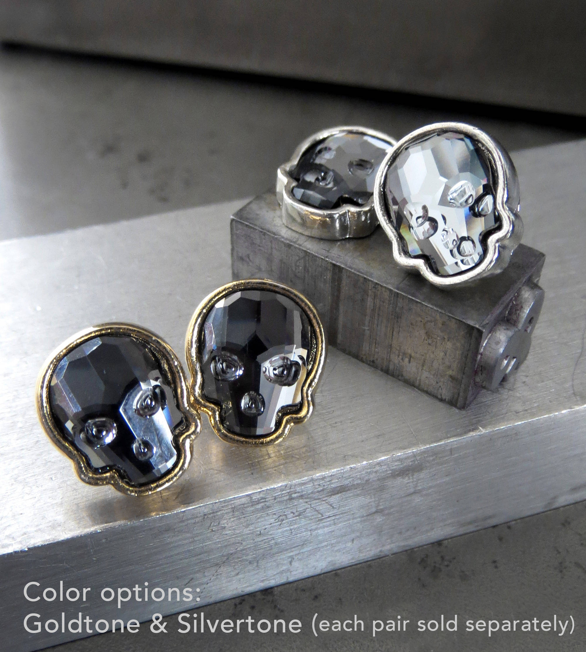Crystal Skull Stud Earrings - Midnight Black with Silver