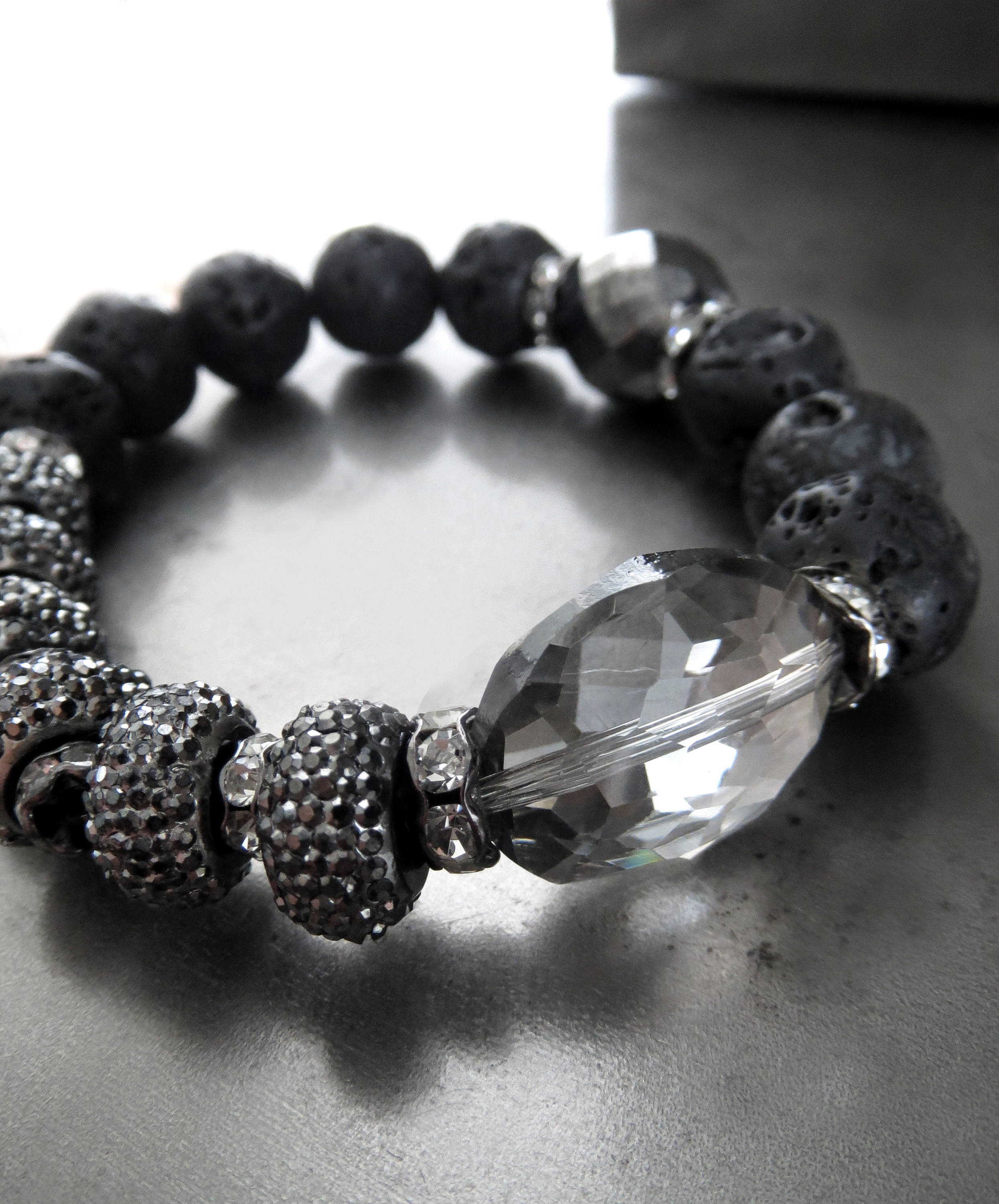 SILVER MOON - Black Lava Bead Bracelet with Crystal