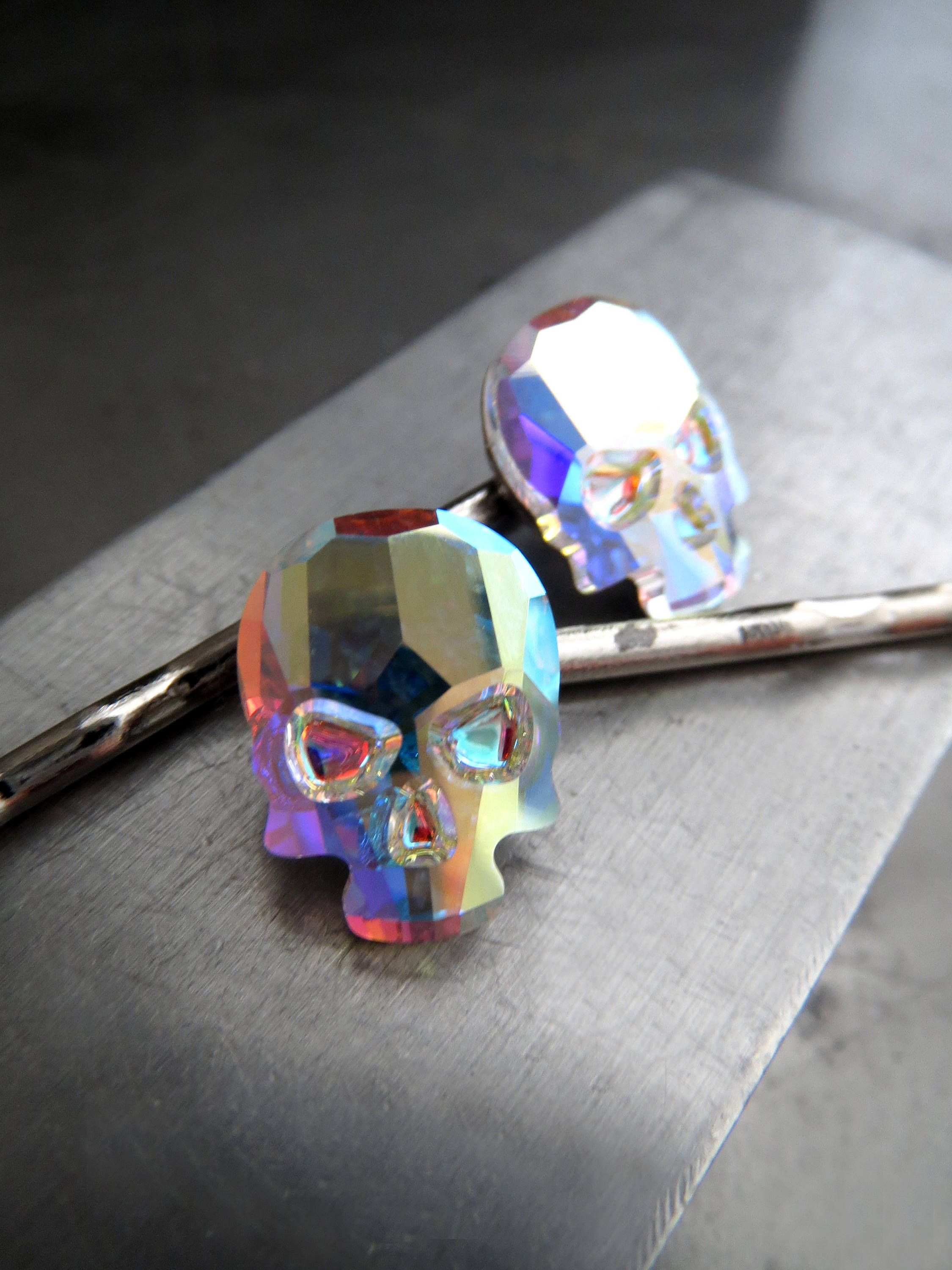 Iridescent Crystal Skull Hair Bobby Pins in Crystal AB - Set of 2