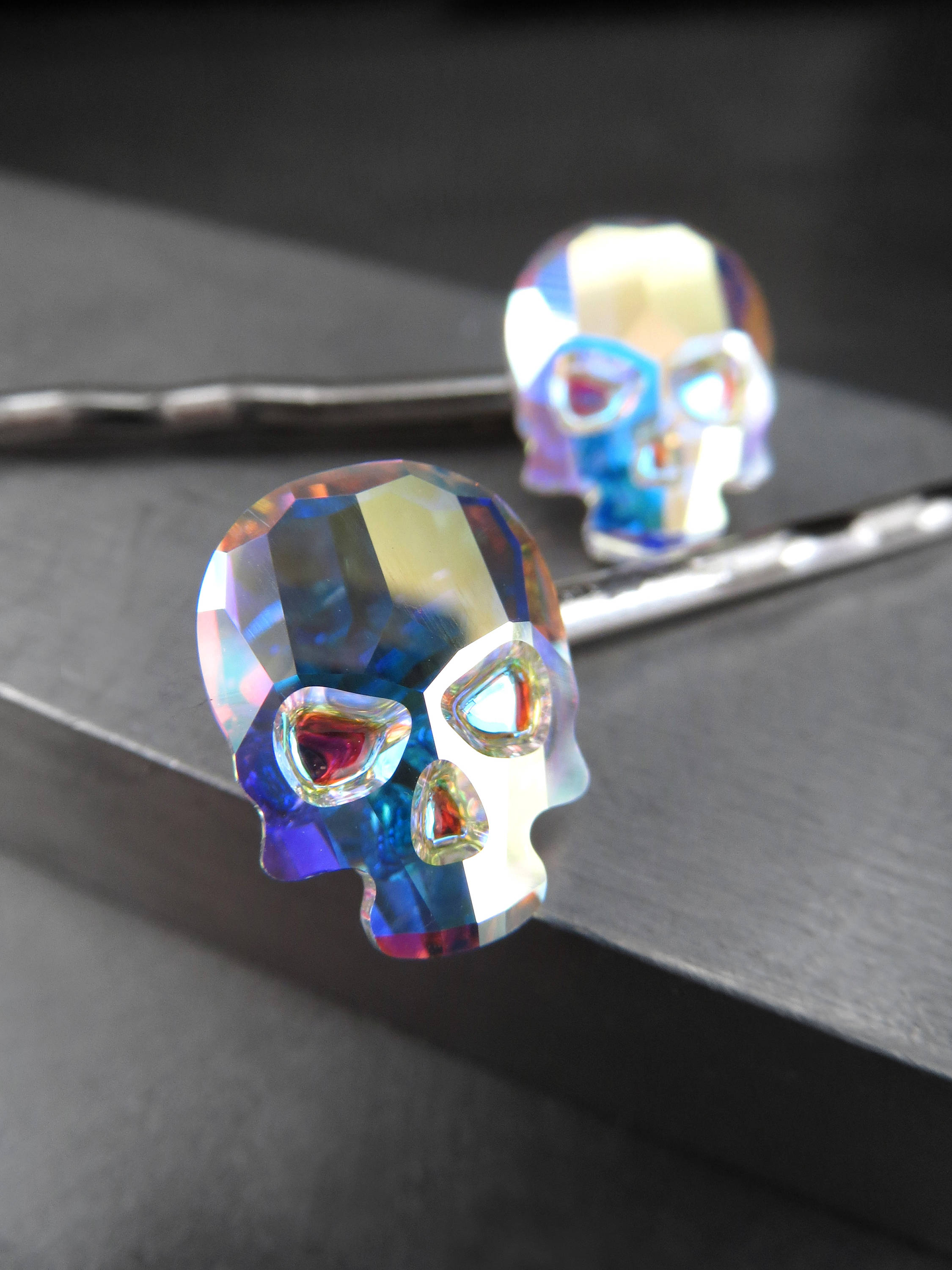 Iridescent Crystal Skull Hair Bobby Pins in Crystal AB - Set of 2