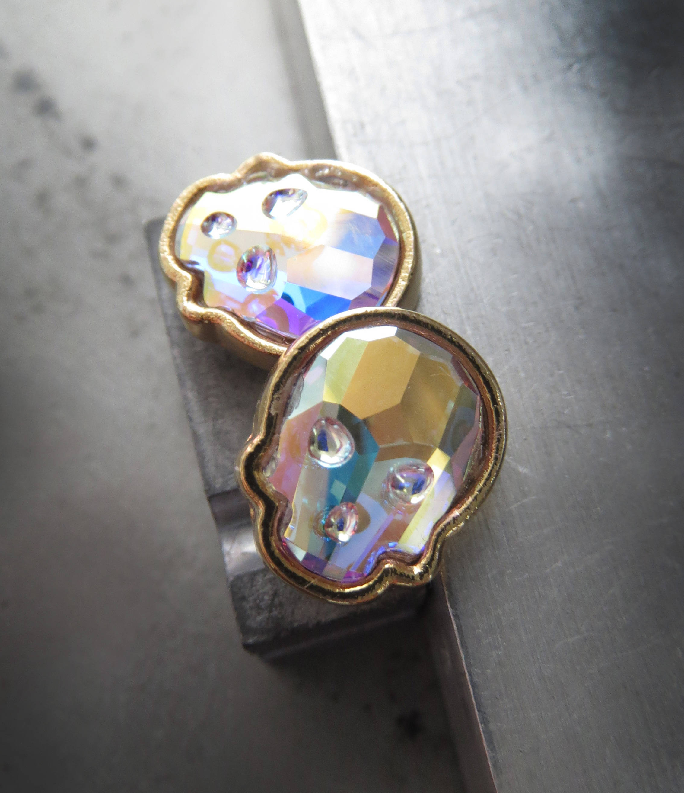 Iridescent Crystal AB Skull Stud Earrings - Gold