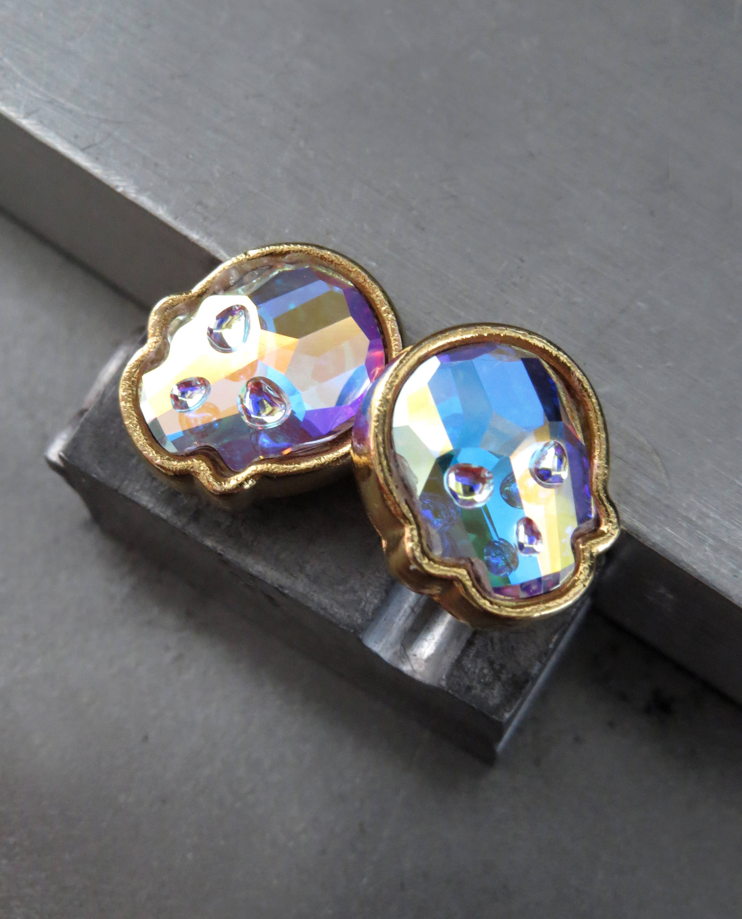 Iridescent Crystal AB Skull Stud Earrings - Gold