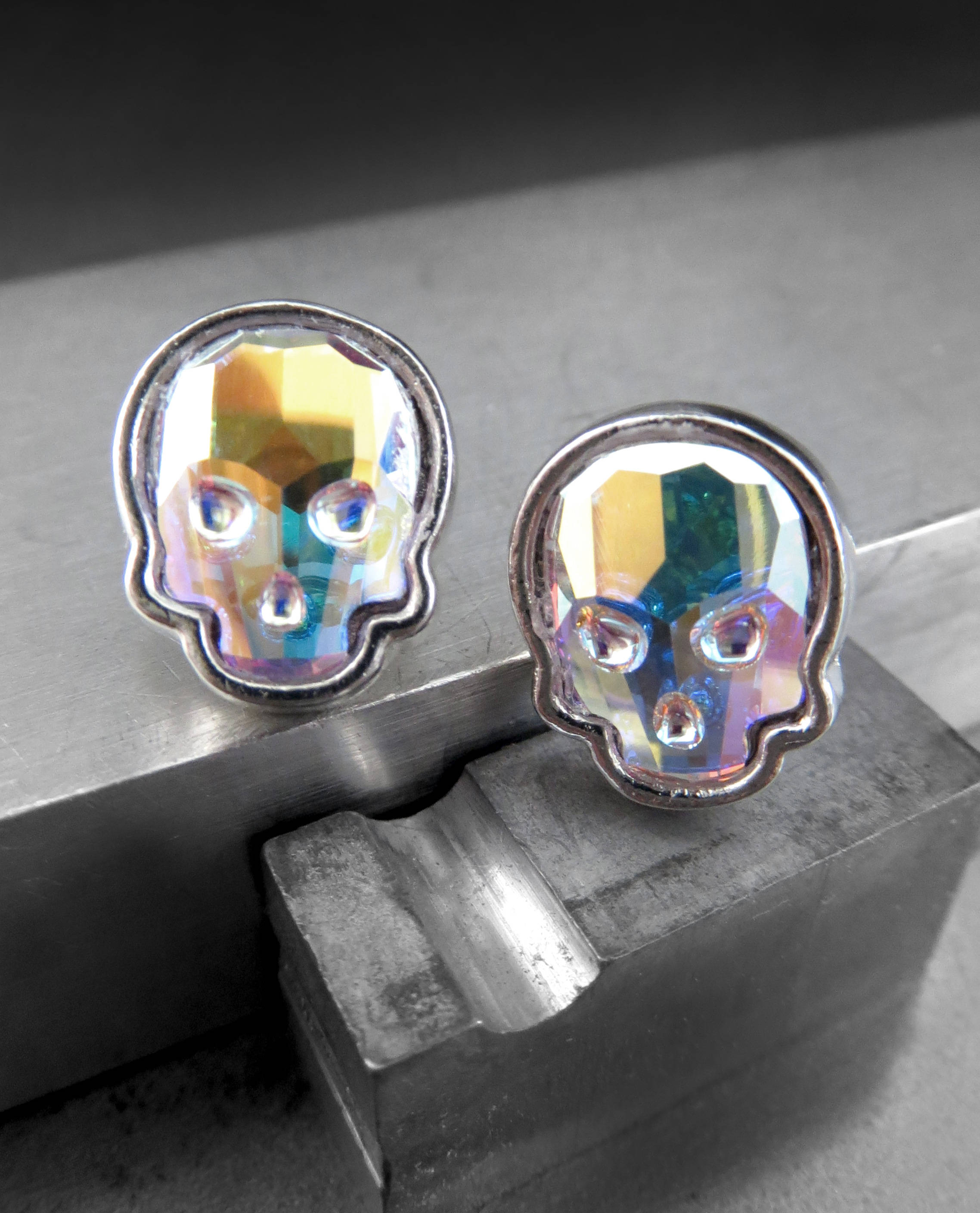 Iridescent Shimmer Crystal AB Skull Stud Earrings - Silver