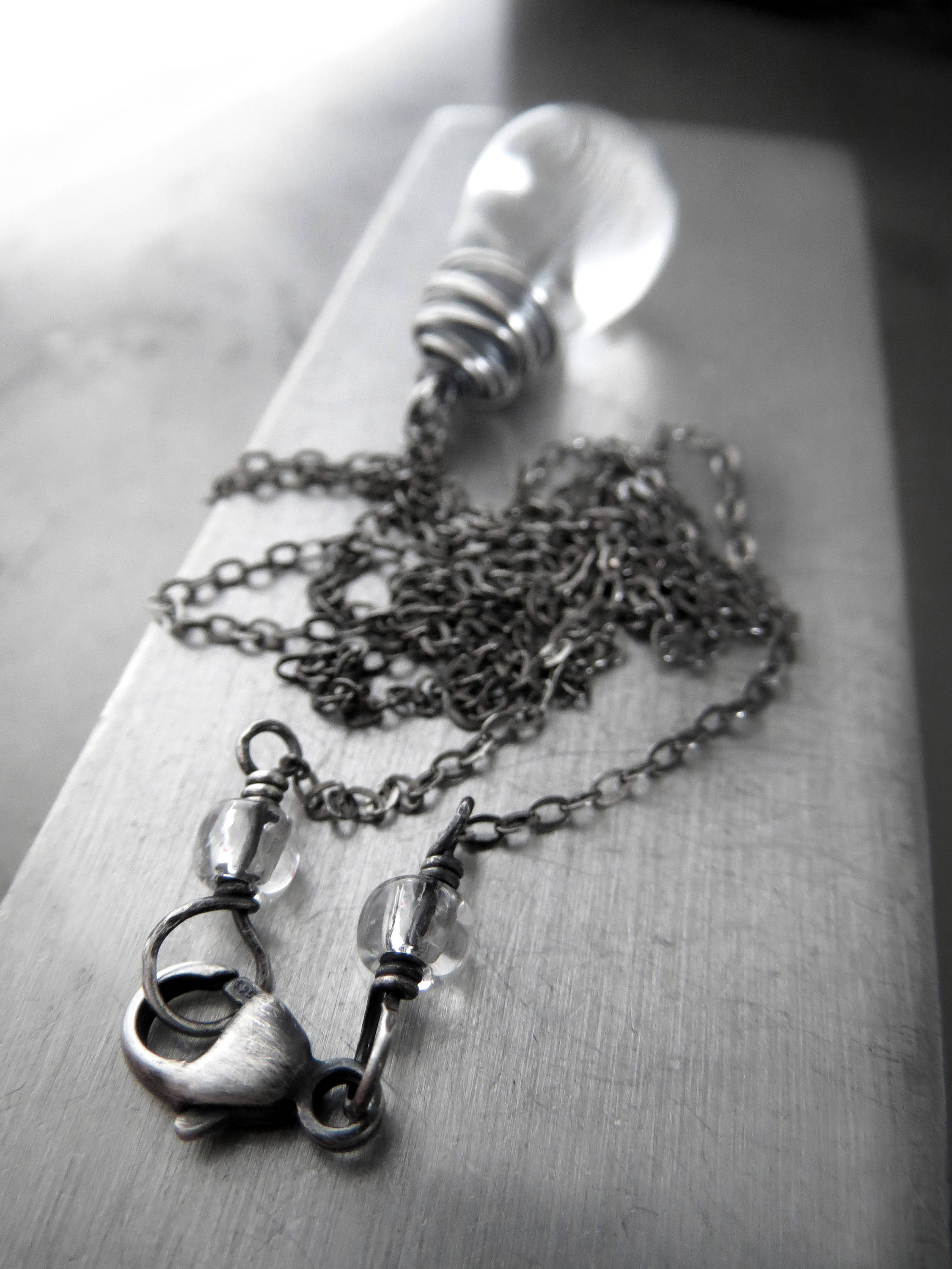 RAINDROP - Clear Glass Teardrop Necklace with Oxidized Silver Wrap