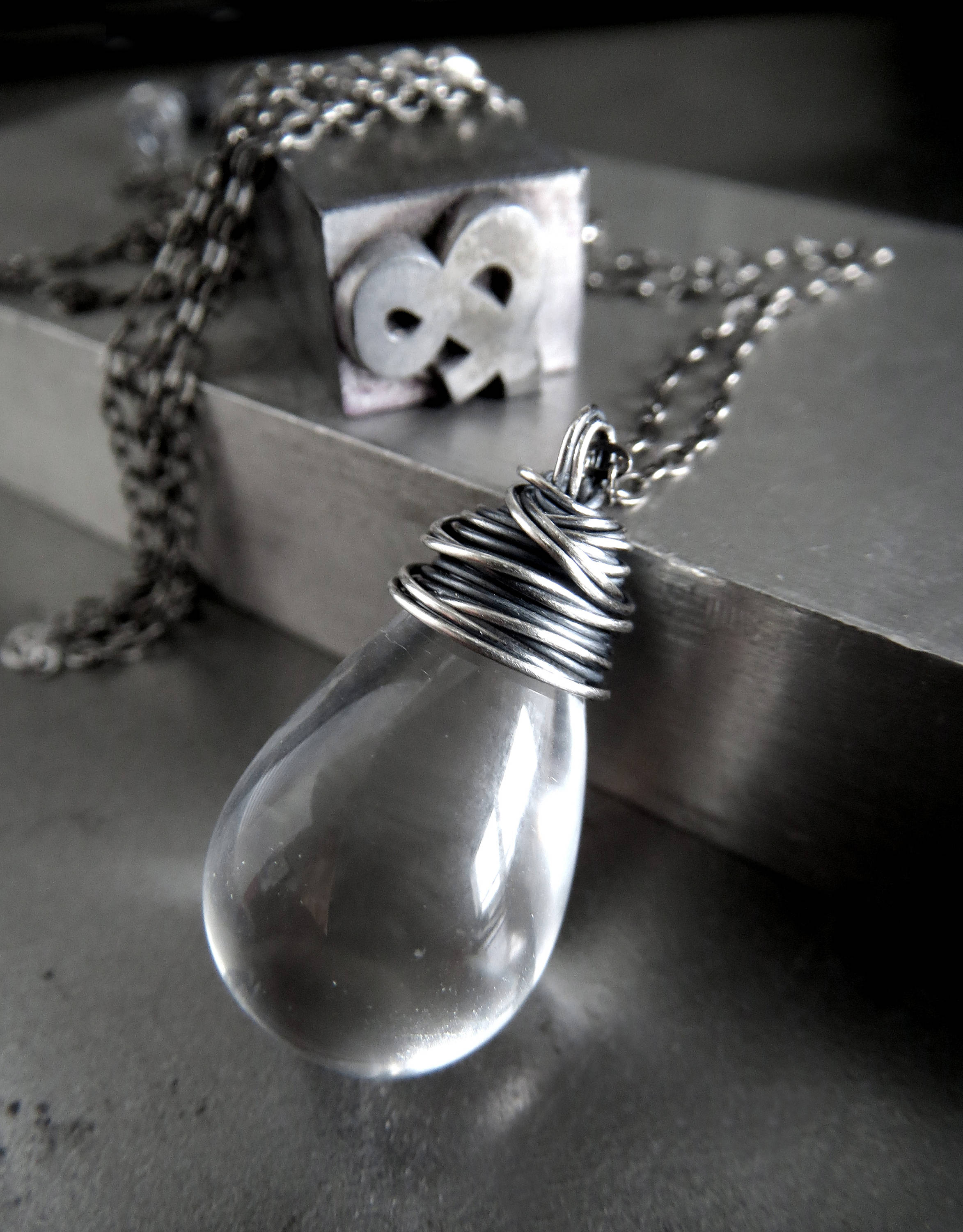 RAINDROP - Clear Glass Teardrop Necklace with Oxidized Silver Wrap