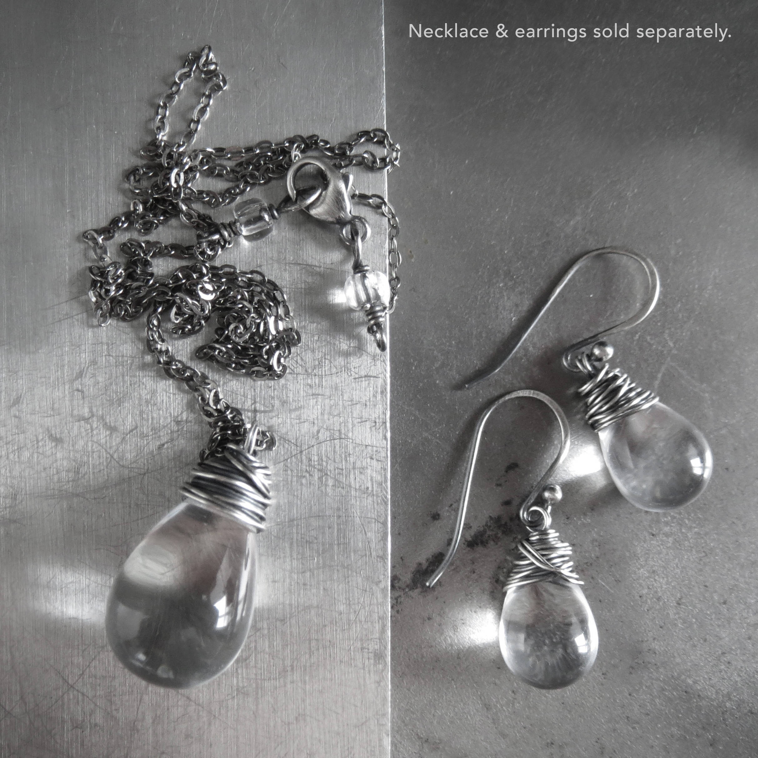 RAINDROP - Clear Glass Teardrop Necklace with Oxidized Silver Wrap
