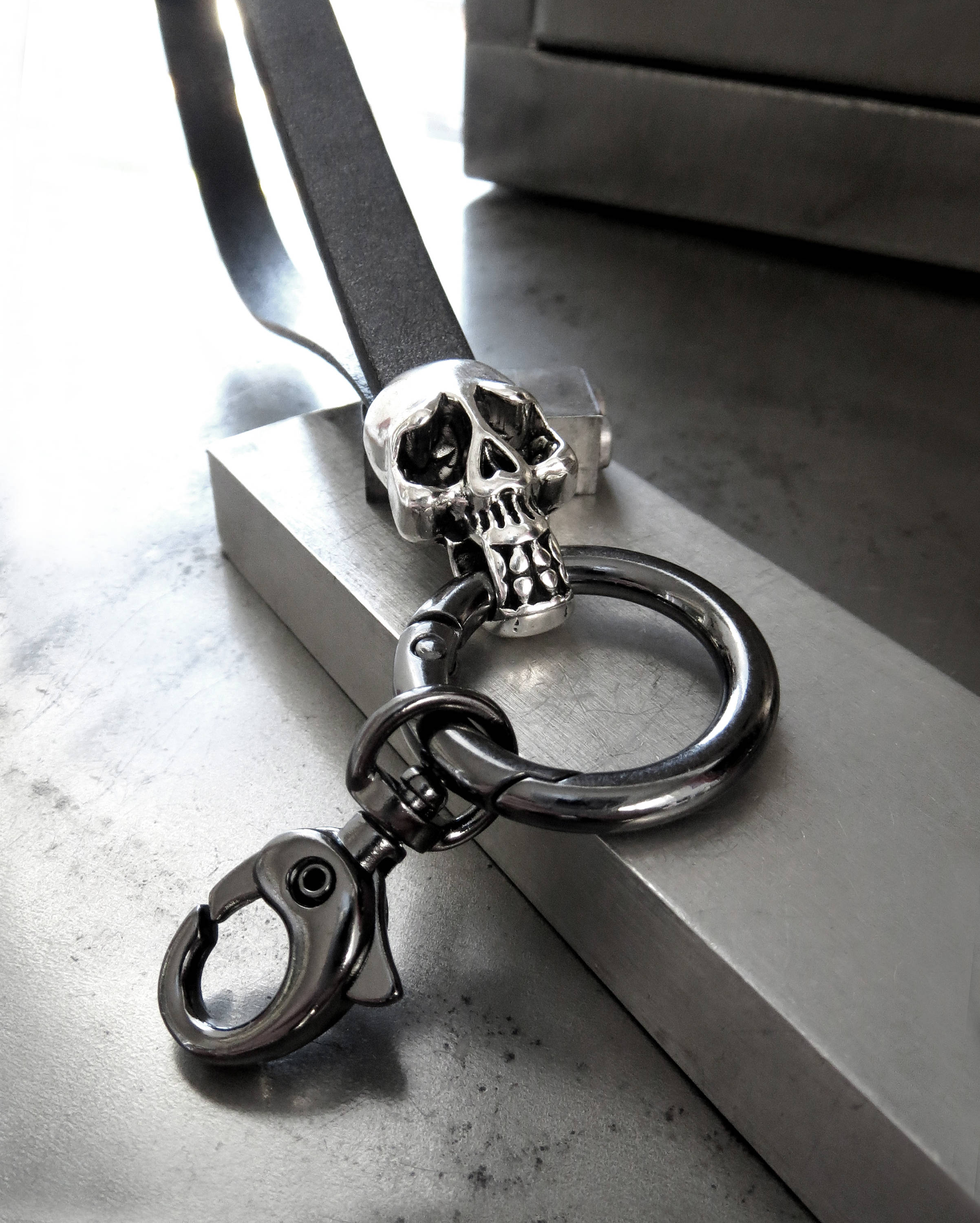 Silver Skull Keyring, Gunmetal Leather Wrist Strap - Goth