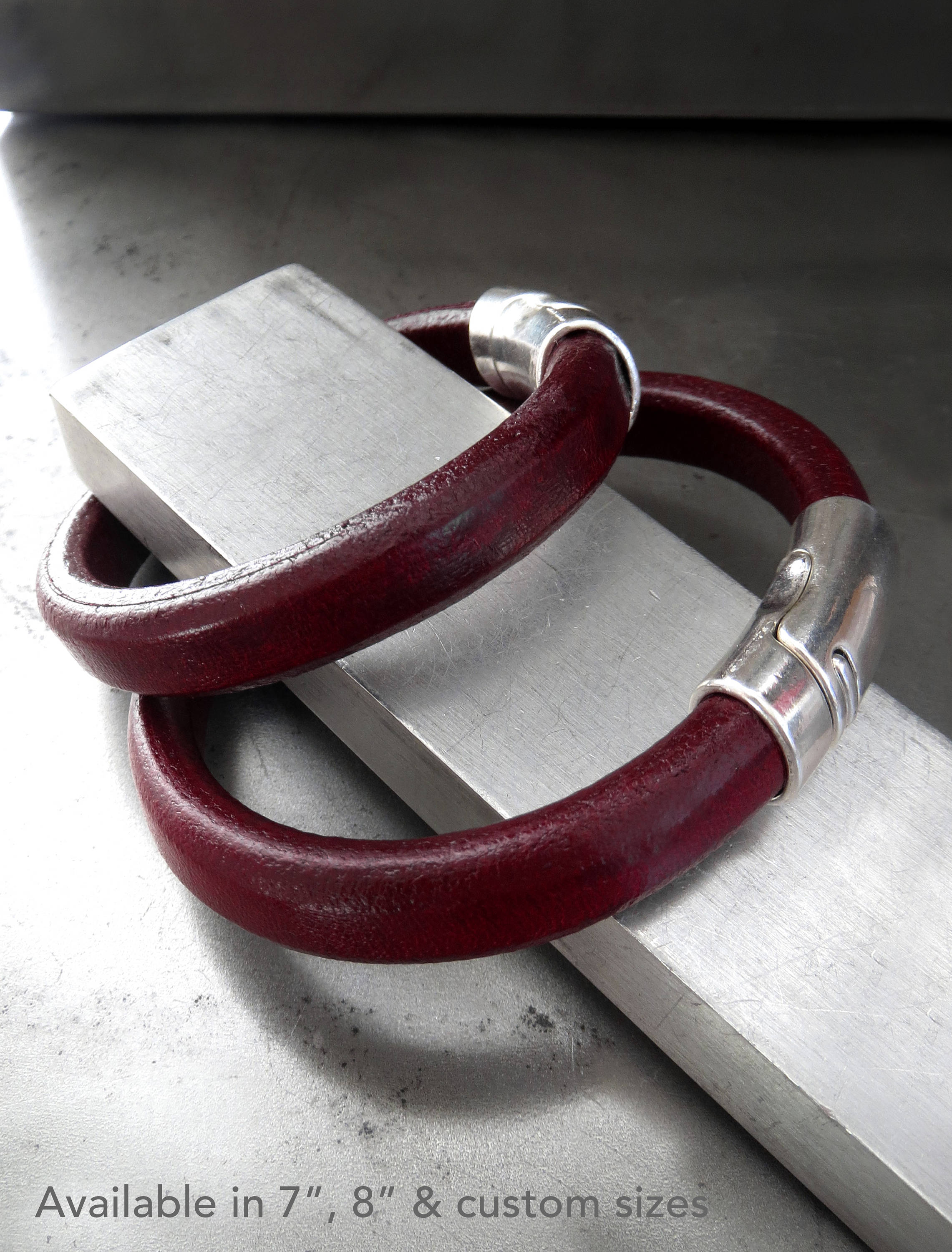 Oxblood Red Leather Bracelet with Silver Magnetic Clasp - Unisex
