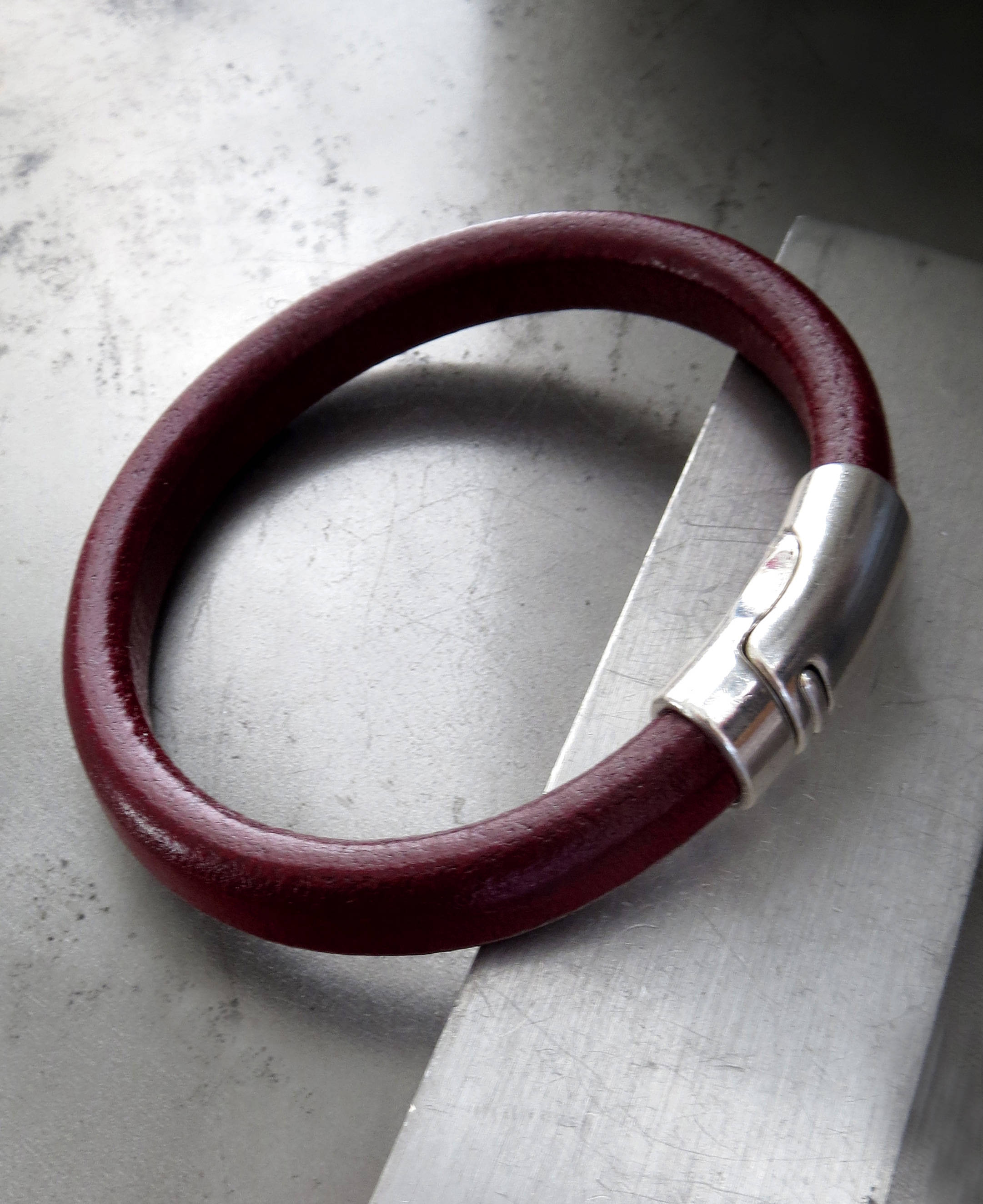 Oxblood Red Leather Bracelet with Silver Magnetic Clasp - Unisex
