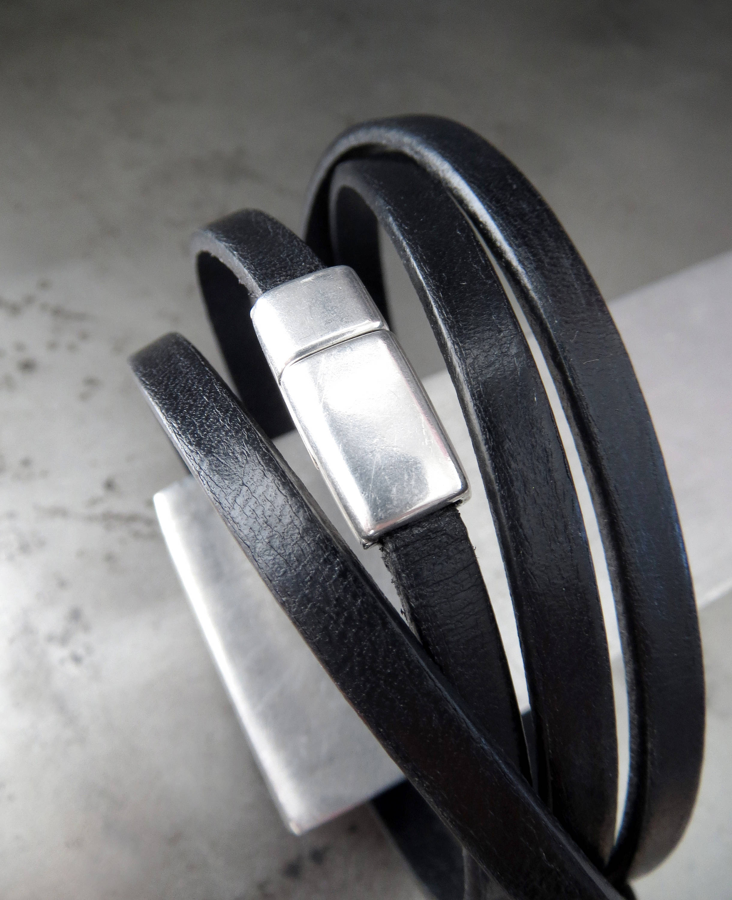Thin Black Leather Wrap Bracelet with Silver Oval