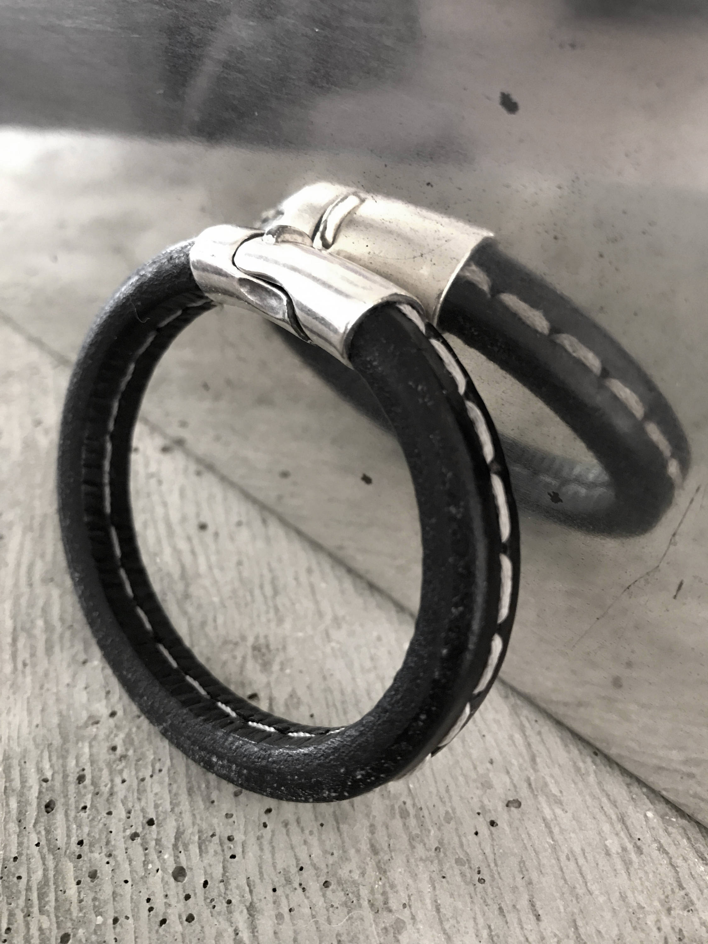 Black Leather Bracelet with White Stitching - Unisex