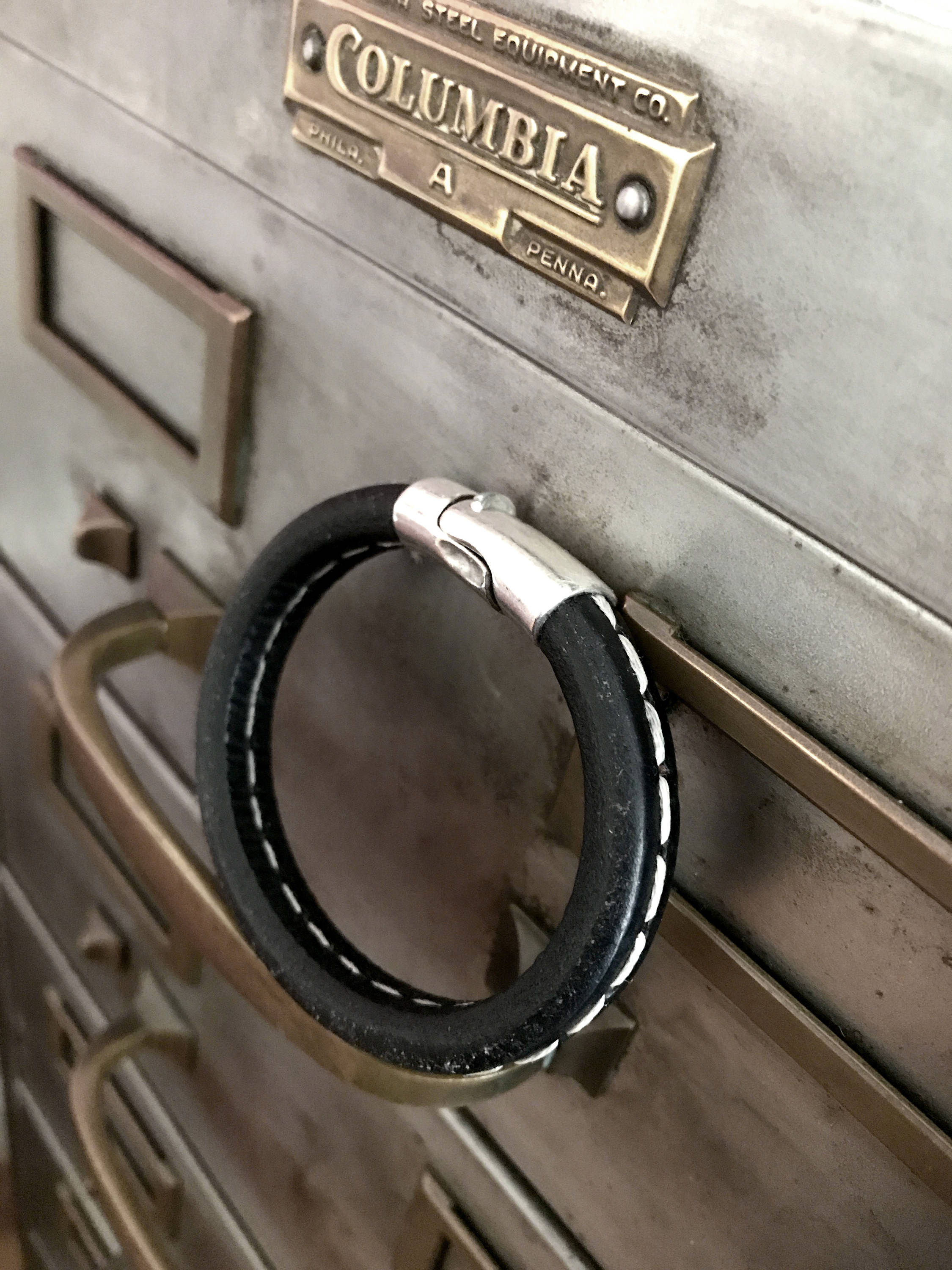 Black Leather Bracelet with White Stitching - Unisex