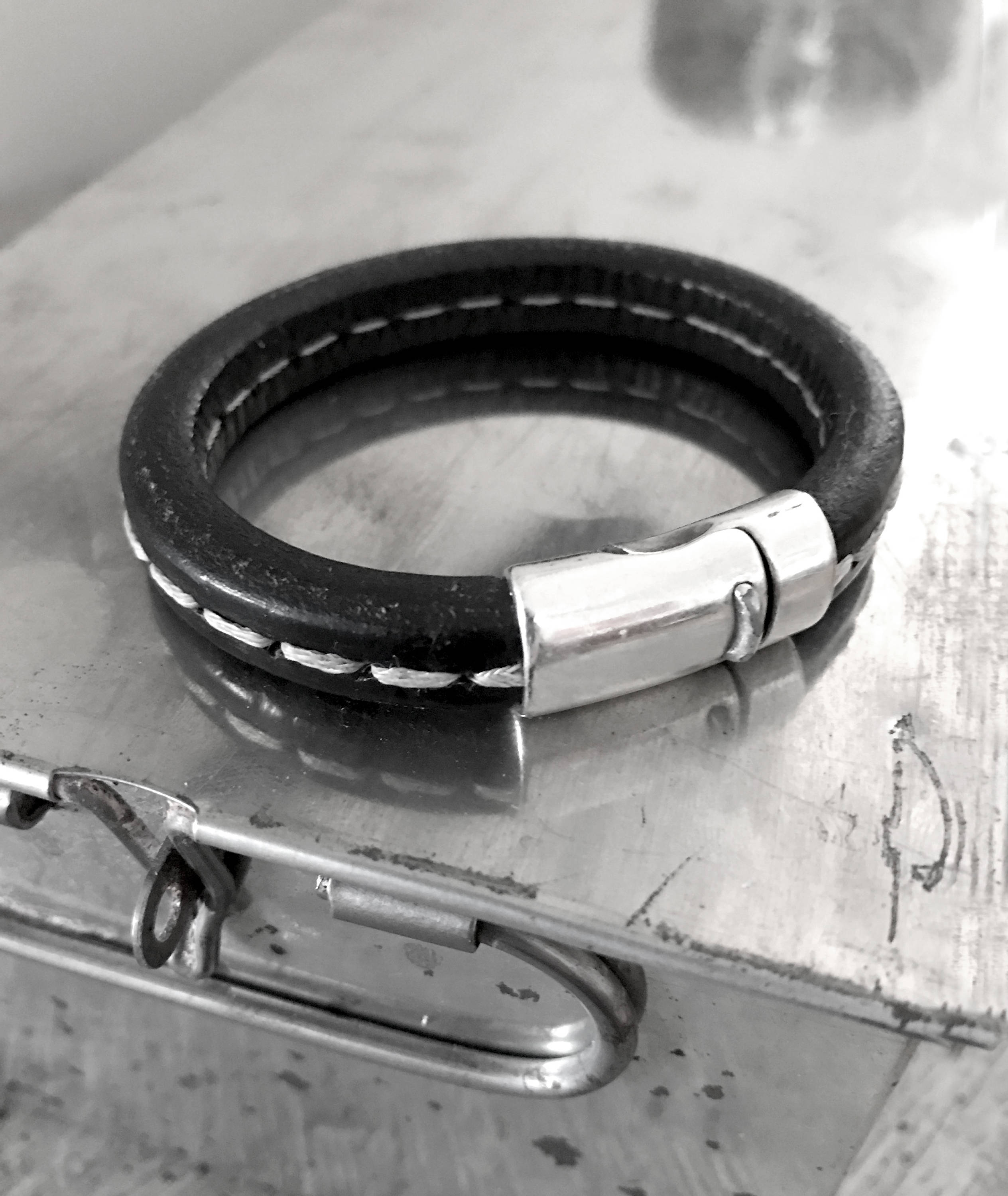 Black Leather Bracelet with White Stitching - Unisex