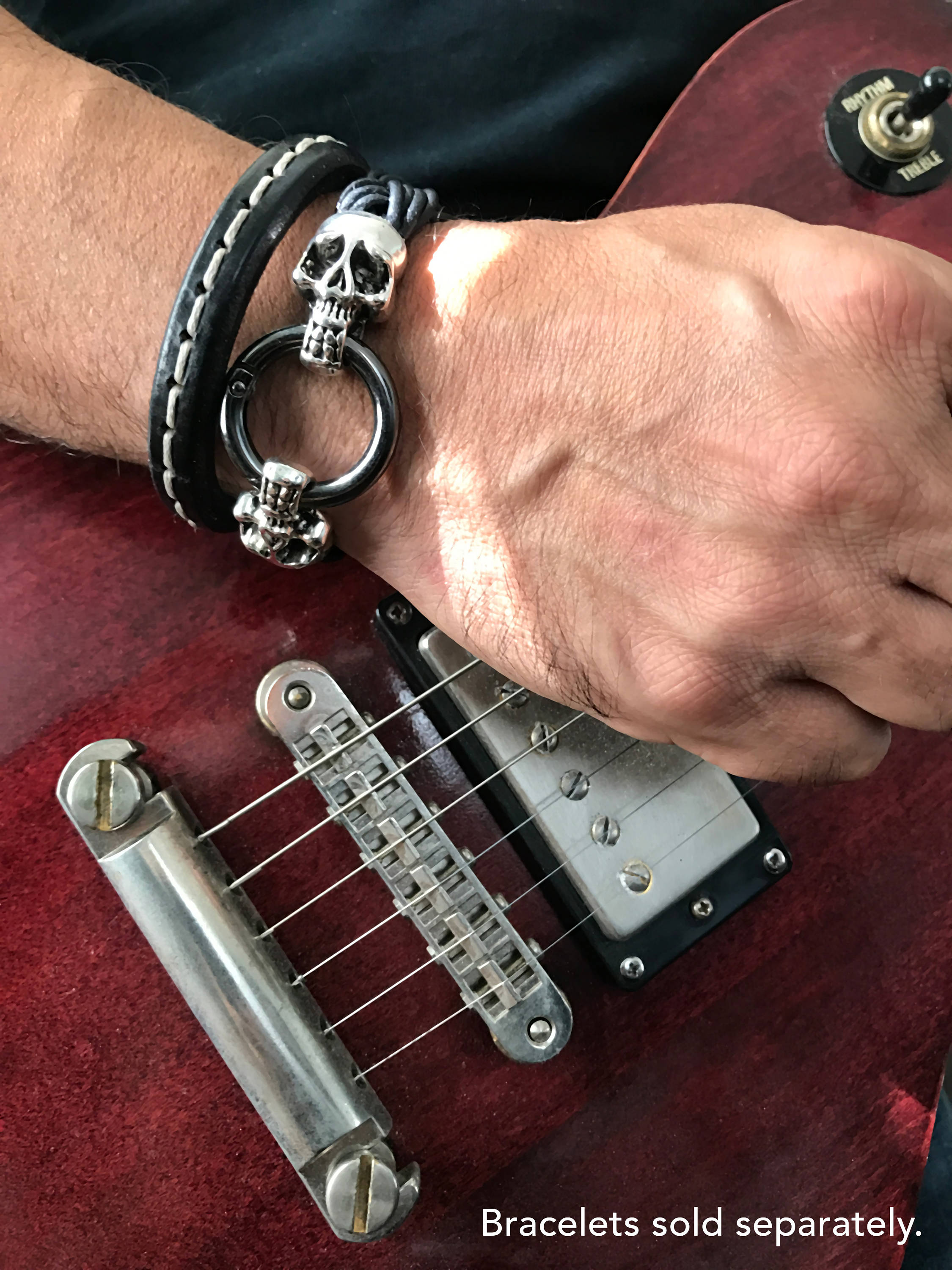 Black Leather Bracelet with White Stitching - Unisex