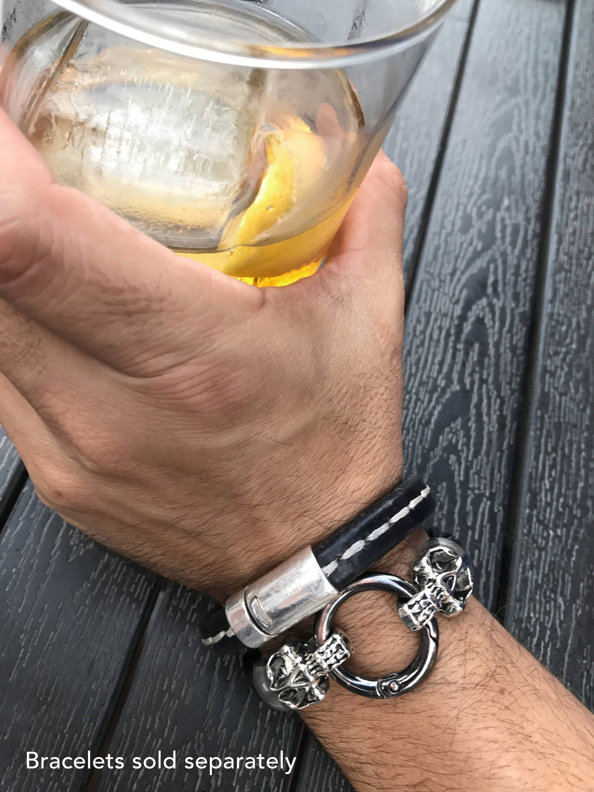 Black Leather Bracelet with White Stitching - Unisex