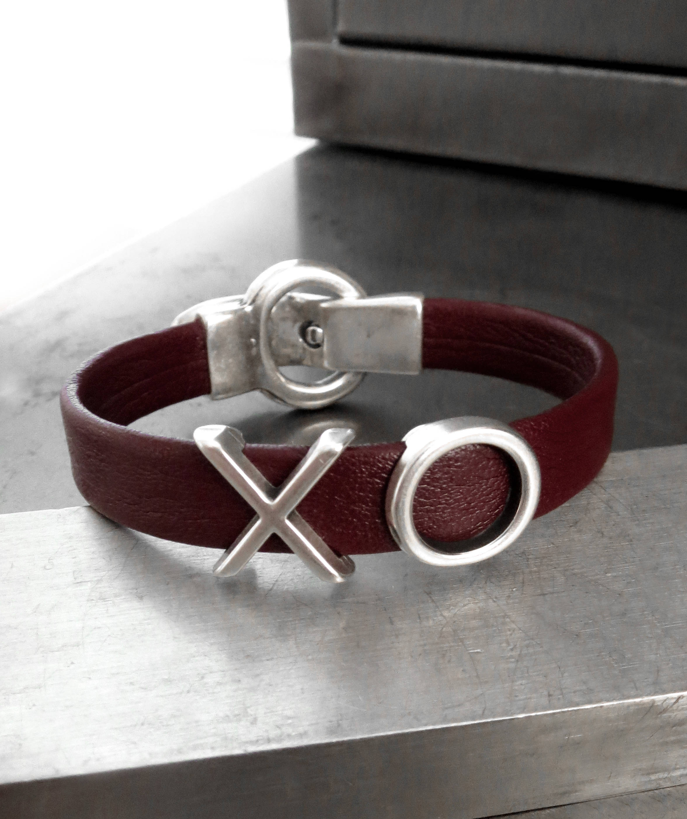 XO Oxblood Red Leather Bracelet - Hugs, Kisses & Love