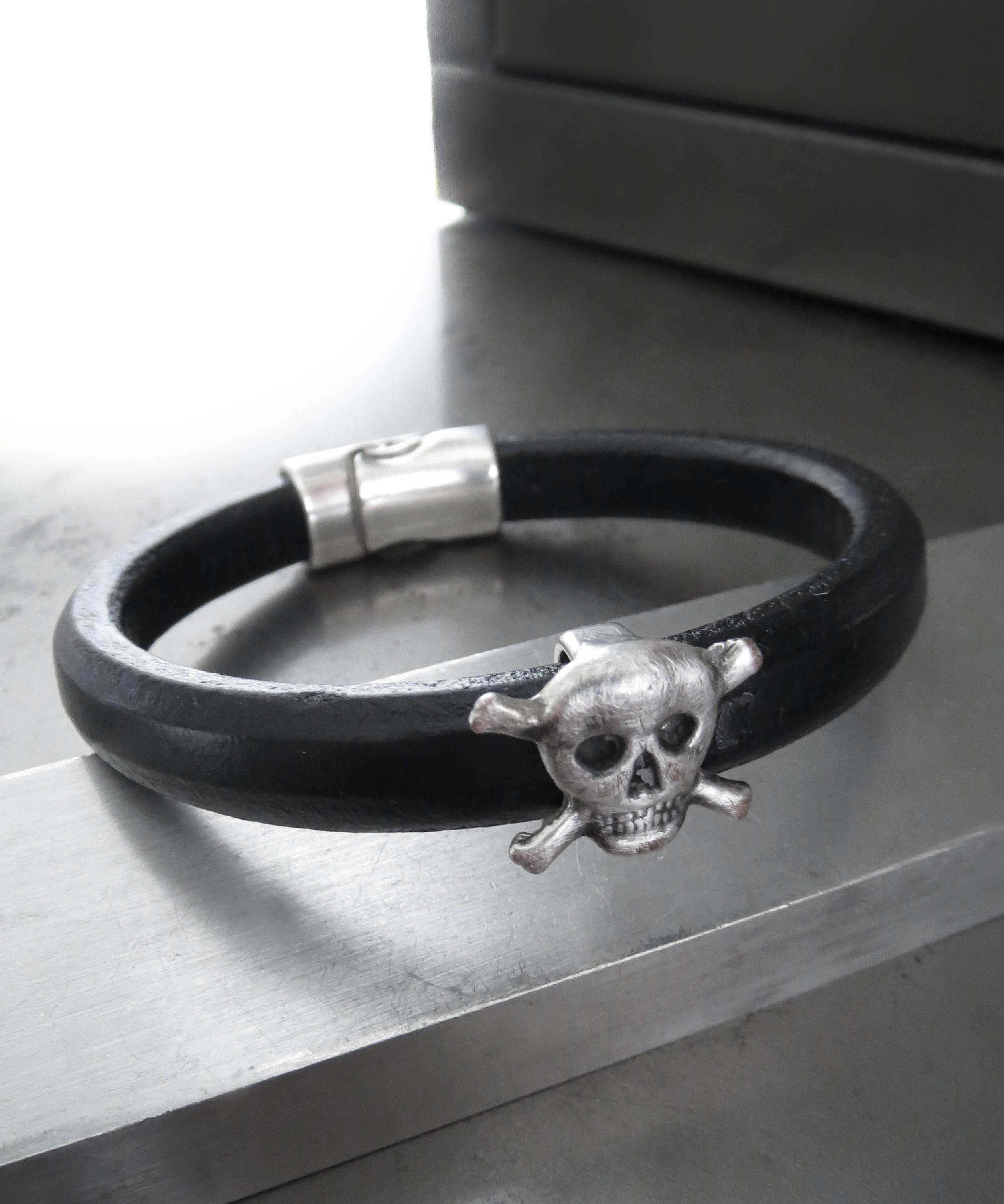 Black Leather Bracelet with Silver Skull and Cross Bones