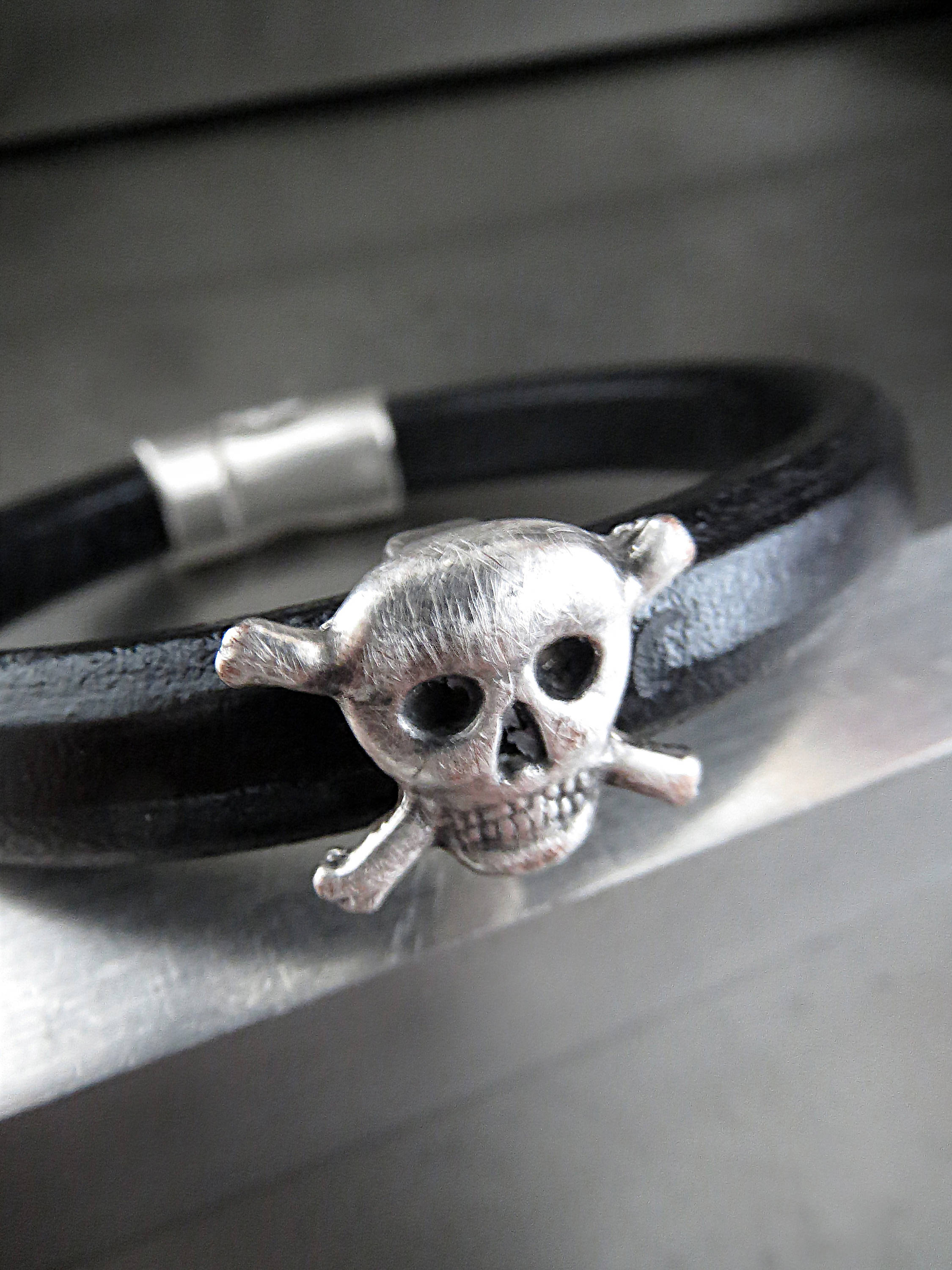 Black Leather Bracelet with Silver Skull and Cross Bones