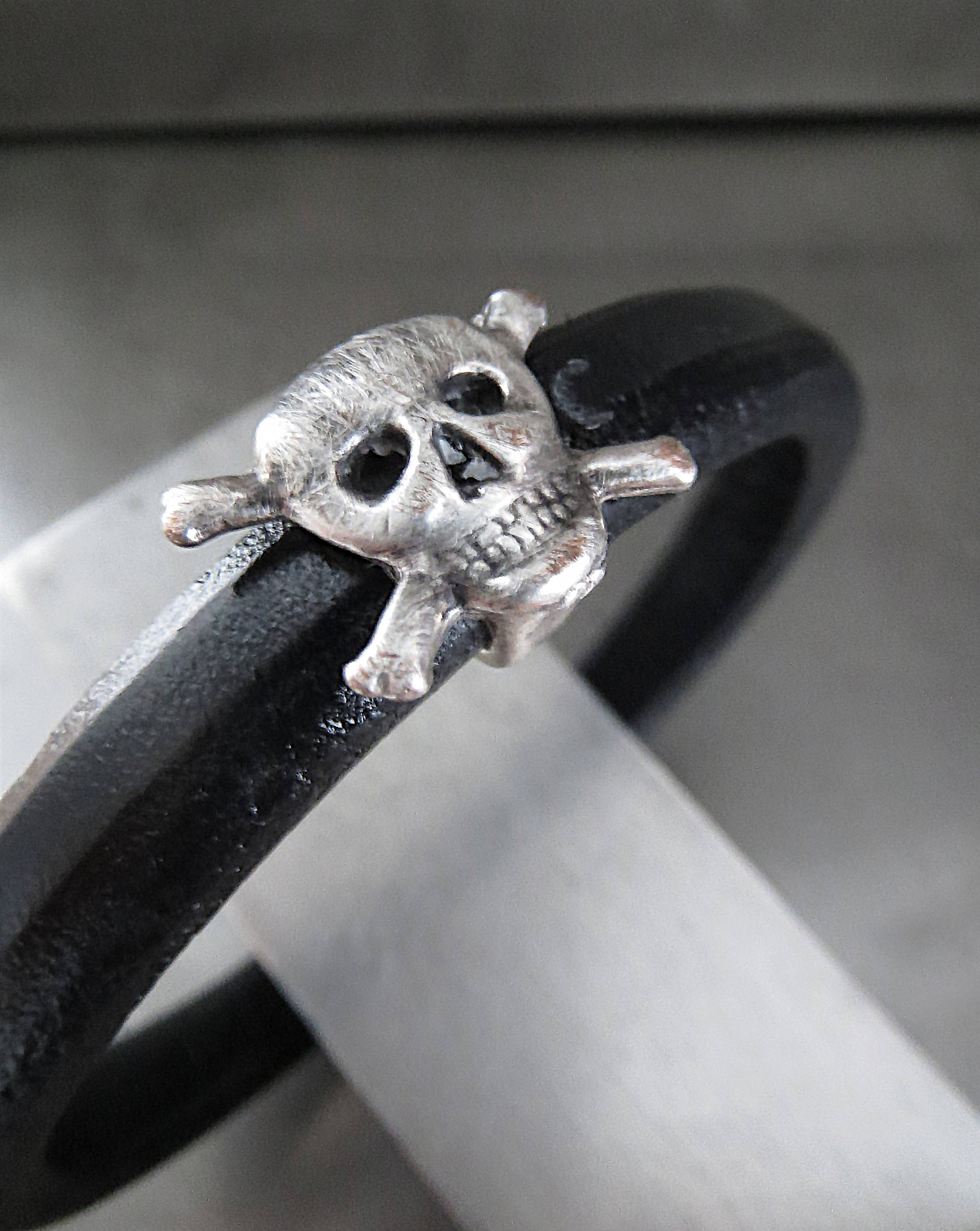 Black Leather Bracelet with Silver Skull and Cross Bones