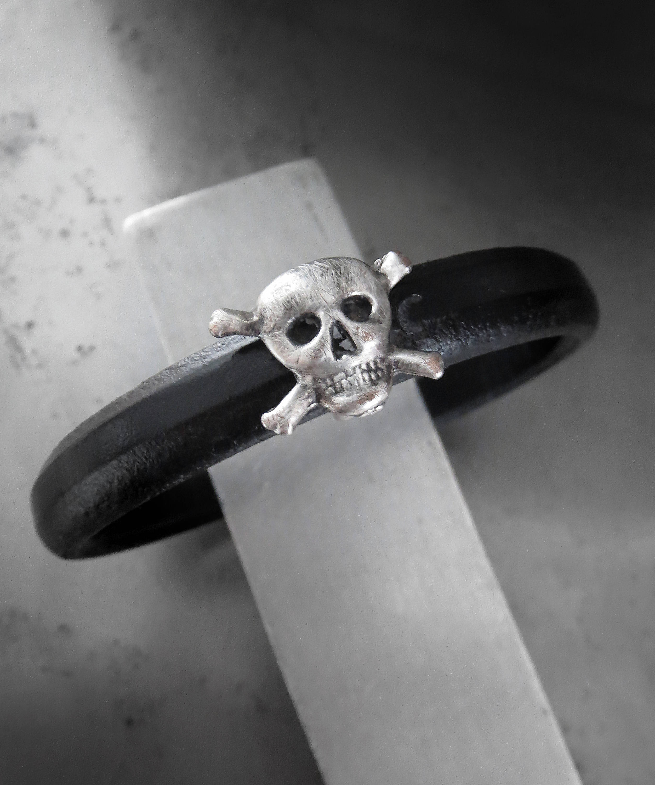 Black Leather Bracelet with Silver Skull and Cross Bones