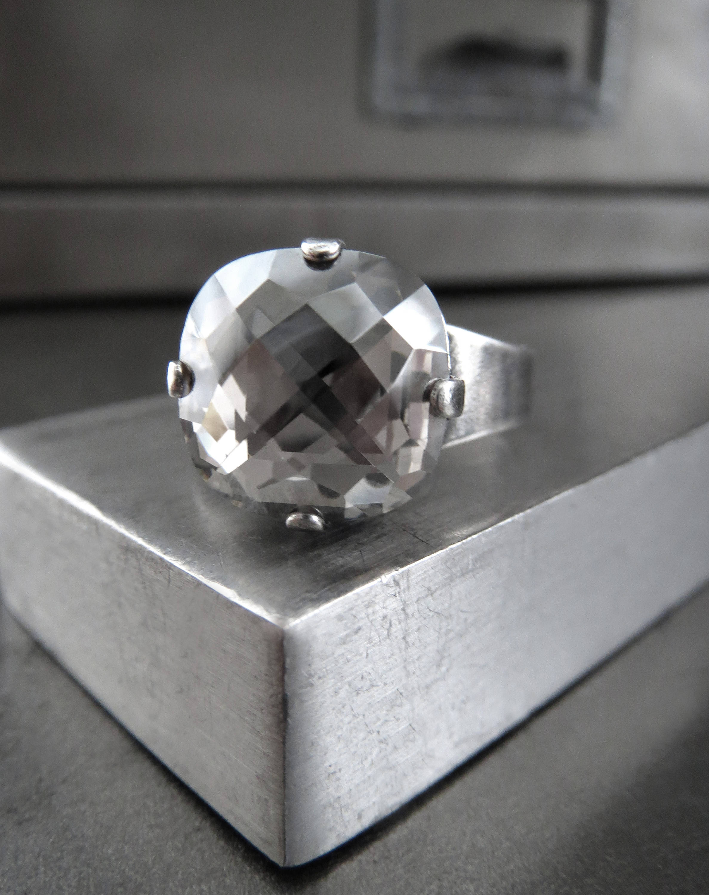 SILK SMOKE - Warm Silver Grey Crystal Ring - 2 Crystal Size Options