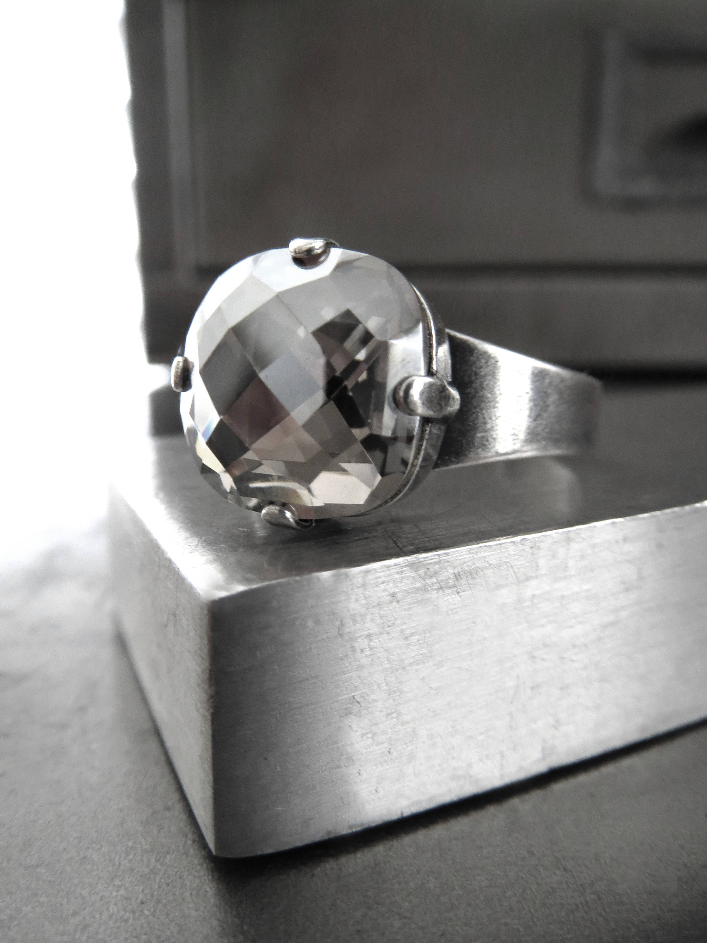 SILK SMOKE - Warm Silver Grey Crystal Ring - 2 Crystal Size Options