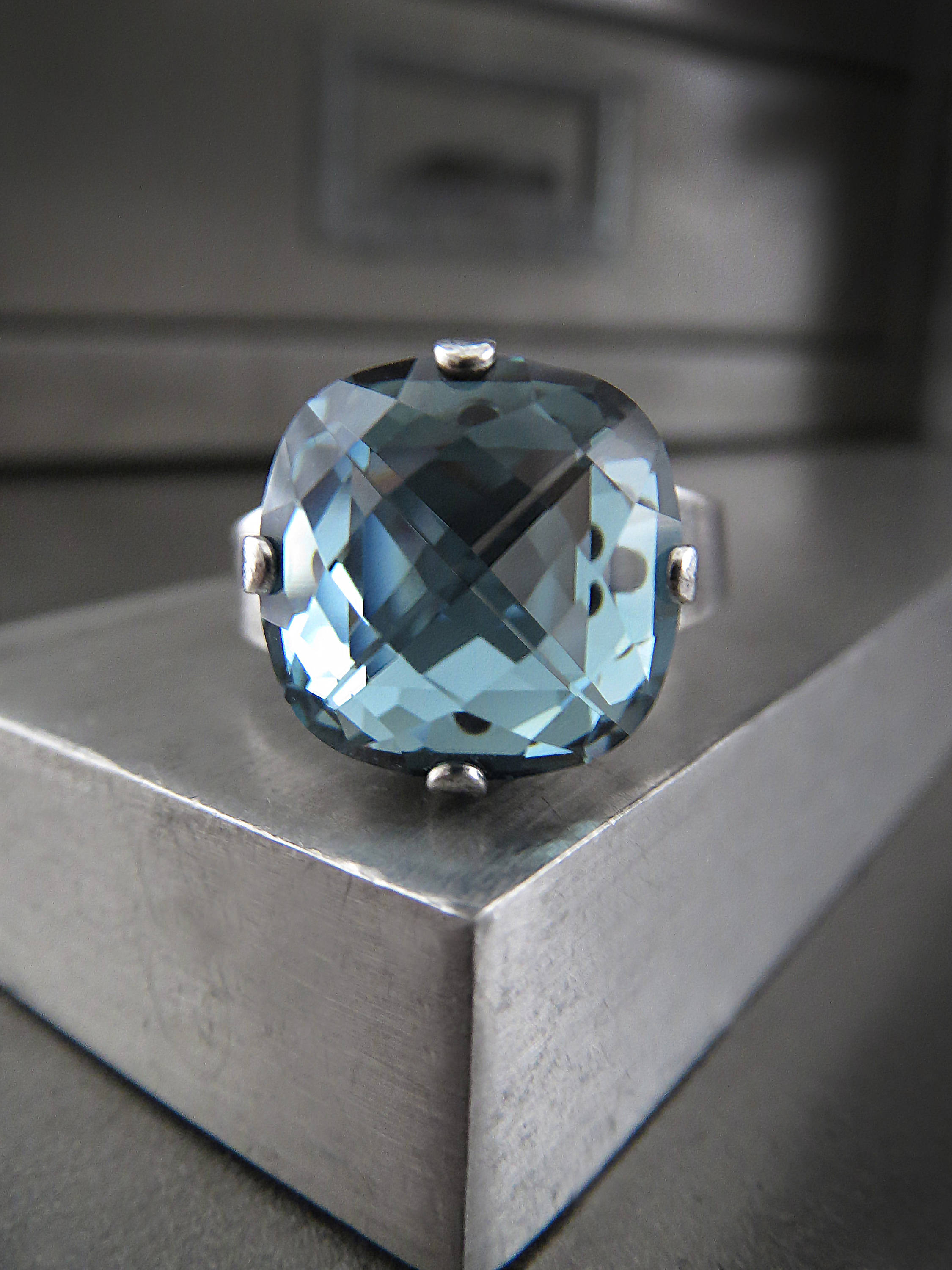 Slate Blue Swarovski Crystal Ring - Cushion Cut Square Crystal Ring